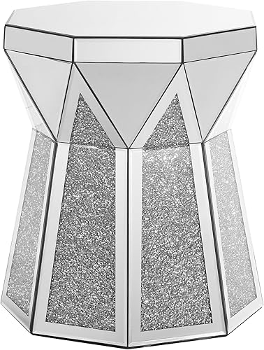 Miniatura 10 de SSLine Mesa auxiliar cuadrada con espejo con luces LED, mesita de noche con espejo, mesa auxiliar de espejo con acabado plateado para dormitorio,