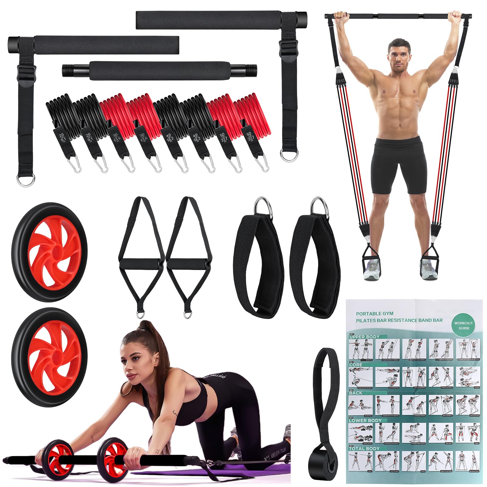 8 Gomas Elasticas Musculación (20/30/40/50lbs) con Barra de Pilates, Ruedas Abdominales, Anclaje para Puerta, Correas para Tobillos, Mango, Kit Pilates para Fitness en Casa, Gym
