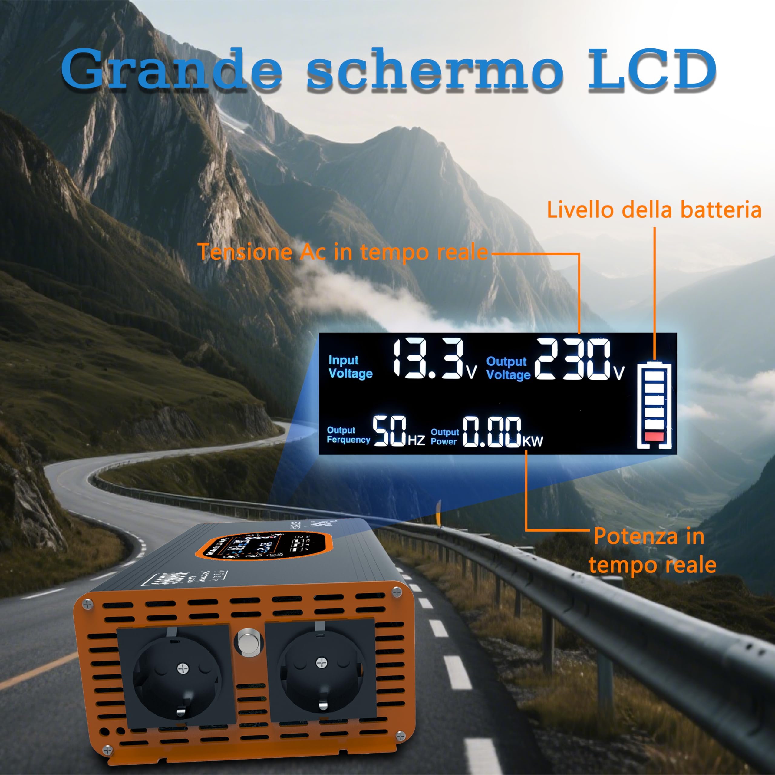Wechselrichter 2000W 12V auf 230V Reine Sinuswelle - Spannungswandler LCD Display mit 2 EU-Steckdosen und 3 USB Typ-C Port，Steckdose mit Fernbedienung für Wohnmobil Auto Camping