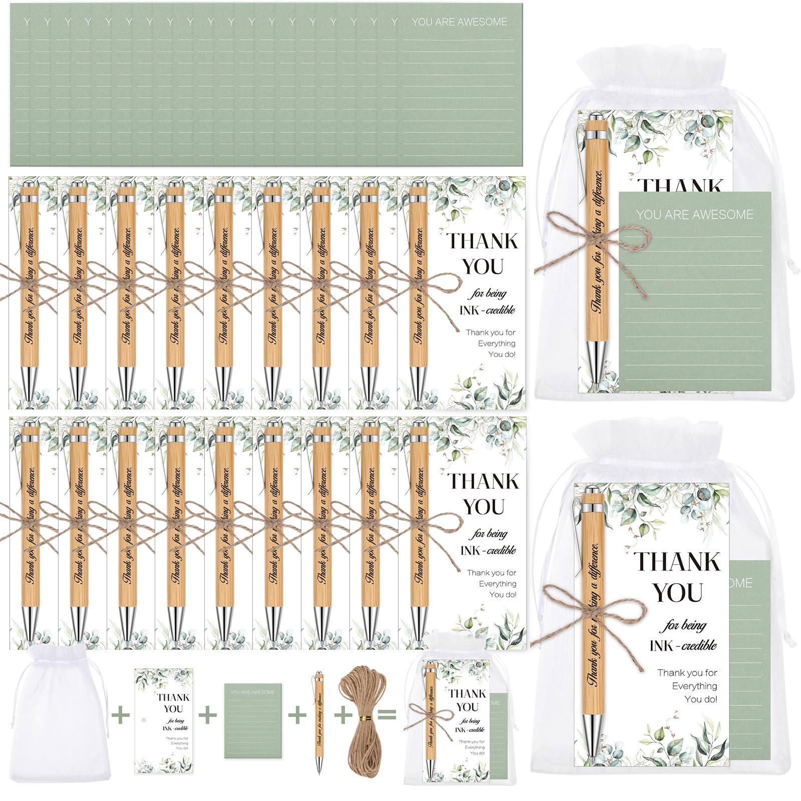 woric 20 Sets Thank You Gifts for Colleagues, Employee Appreciation Gifts Motivational Pens with Inspirational Notepads Organza Bags & Thank You Cards for Women Men Nursery Staff Teachers Volunteer