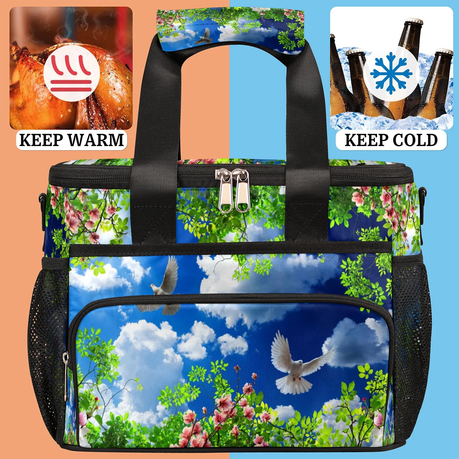 Grand sac à déjeuner isotherme pour adultes, hommes, femmes, enfants, filles, garçons, motif fleurs de cerisier, pigeon, plante printanière, sac isotherme pour le travail, le pique-nique, le barbecue