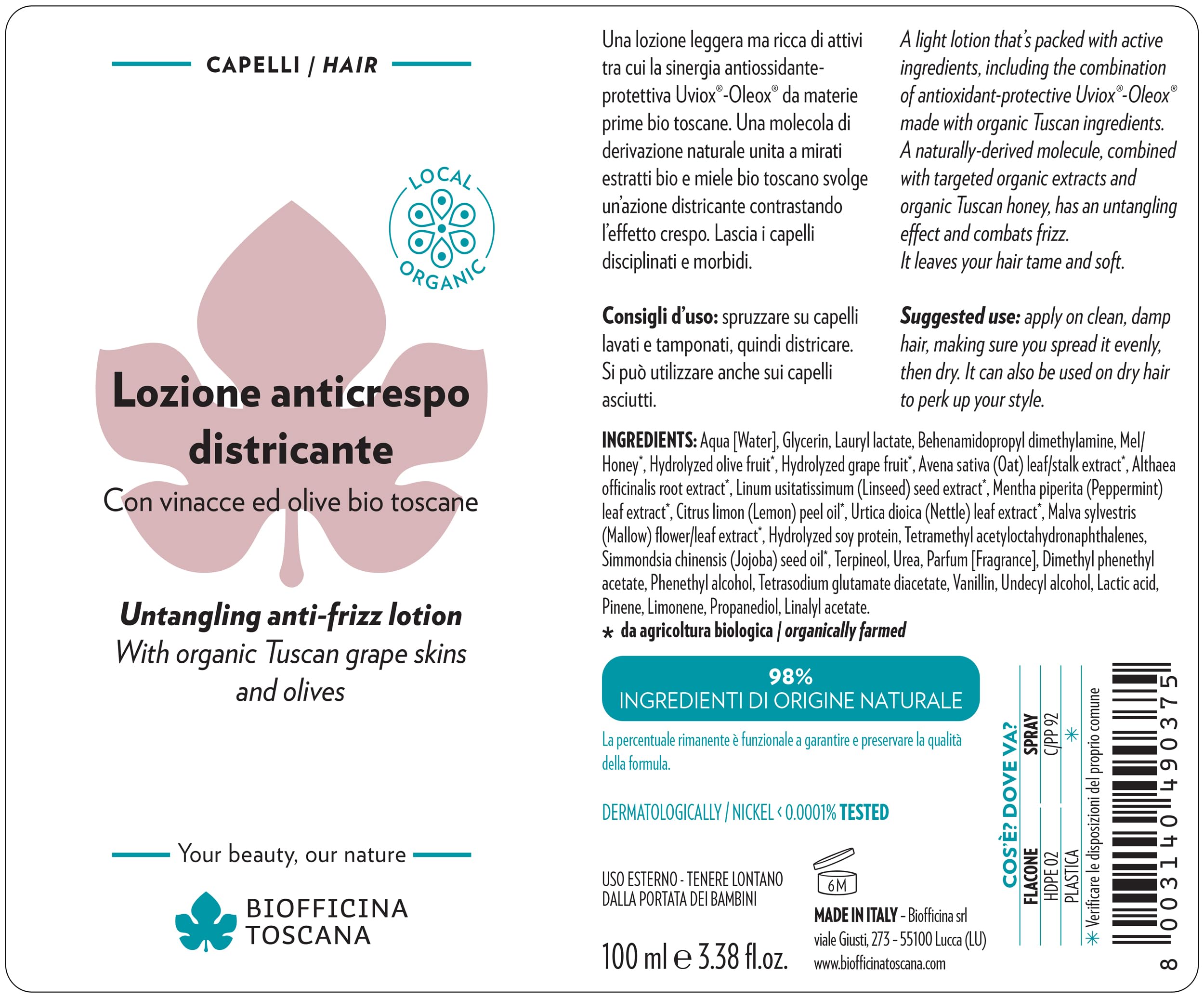 Biofficina Toscana Lozione spray anticrespo per capelli, 100 ml – Spray districante capelli con vinacce e olive bio – Trattamento disciplinante con Uviox®-Oleox®, miele bio e proteine vegetali