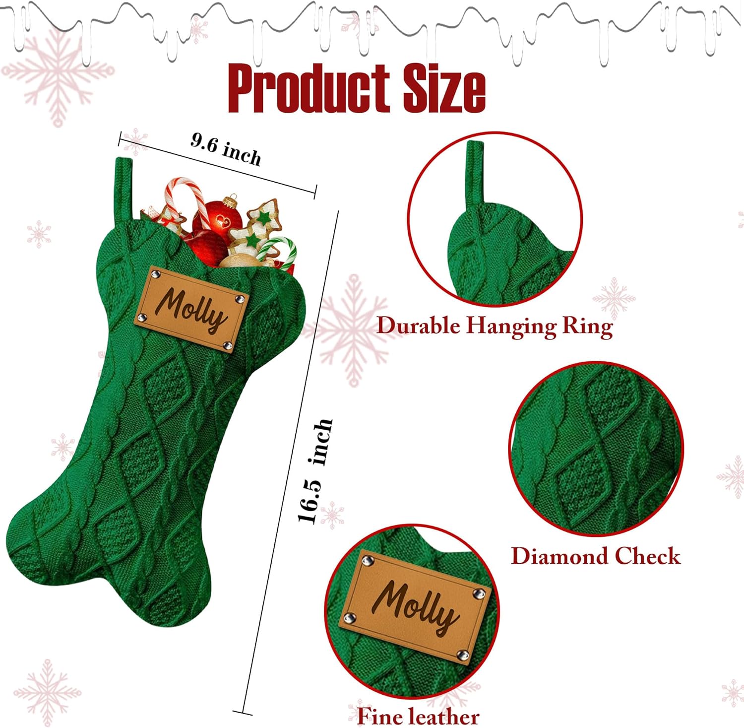 Personalized Dog Christmas Stockings Customized Large Bone Shape Cable Knit Pet Christmas Stockings with Leather Label Custom Stockings with Name Dog/Cats Xmas Stockings for Kids Family Set of 3