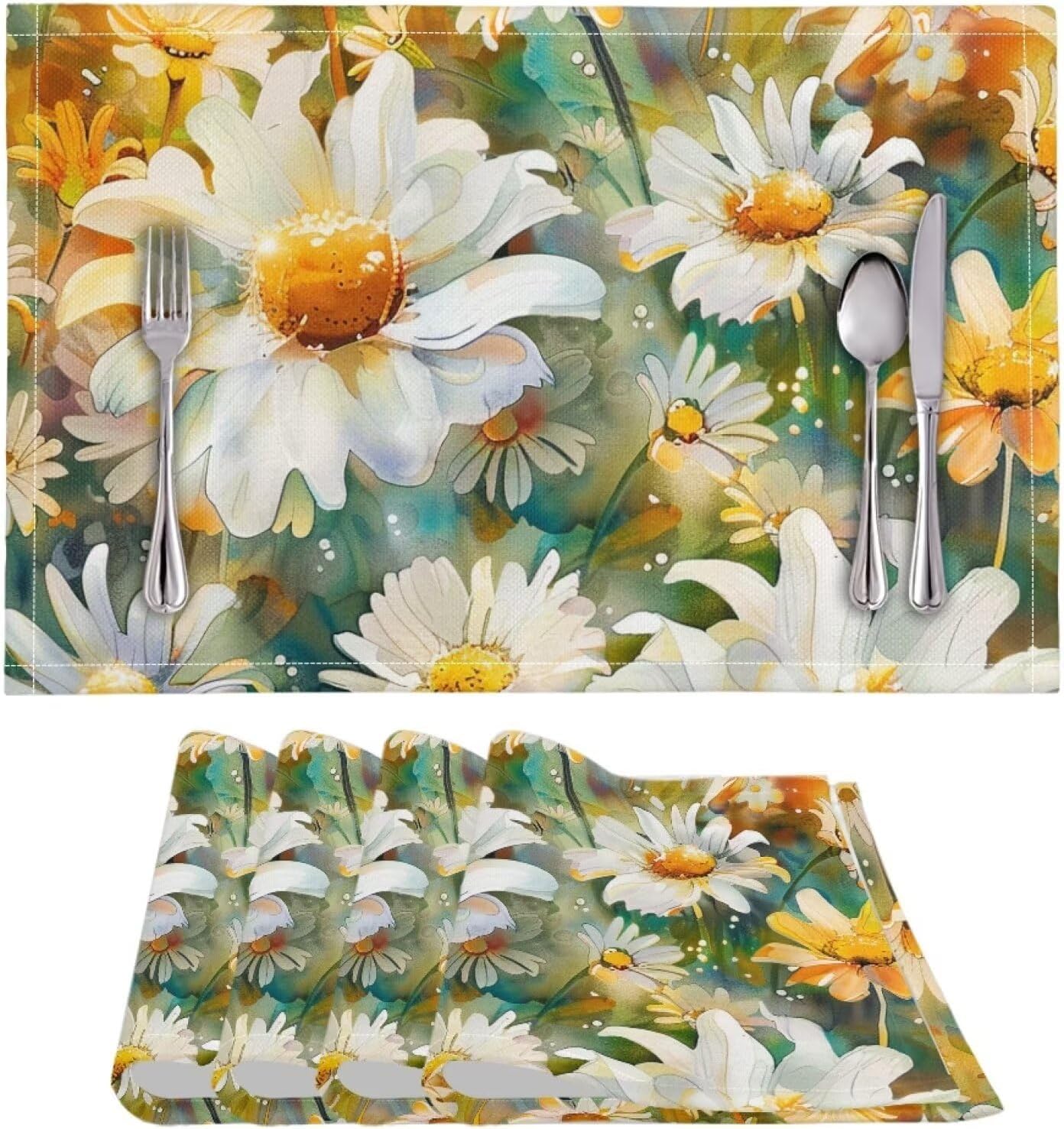 Daisy Place Mats Indoor Set of 6 Washable Placemats Wrinkle Free Place Mats Easy to Clean Placemat Kitchen Dining Table Mats uitable for Indoor & Outdoor Use