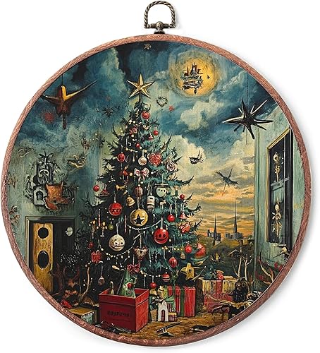 Decoración de pared redonda vintage de 10 pulgadas, árbol de Navidad, arte enmarcado retro, pintura al óleo, lienzo enmarcado para pared, se aplica