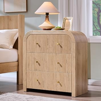 T4TREAM Fluted Nightstand with Charging Station, 32" Large 3 Drawers Bedside Table, Modern End Table with Storage Night Stand for Bedroom, Living Room, Round Curved Corner Design, Natural Oak