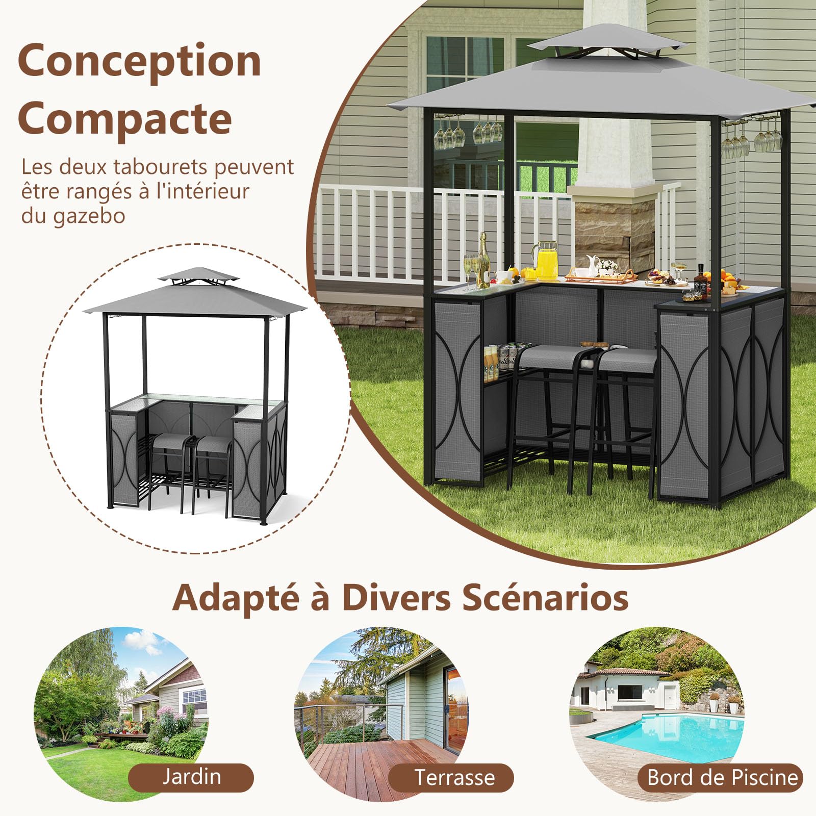 COSTWAY Tonnelle de Barbecue 3 Pcs avec 2 Tabourets de Bar, Abri avec Plateau en Verre Trempé Étagères en Métal Auvent à Double Toit, pour Jardin Cour, 194 x 121 x 242 cm (Gris)