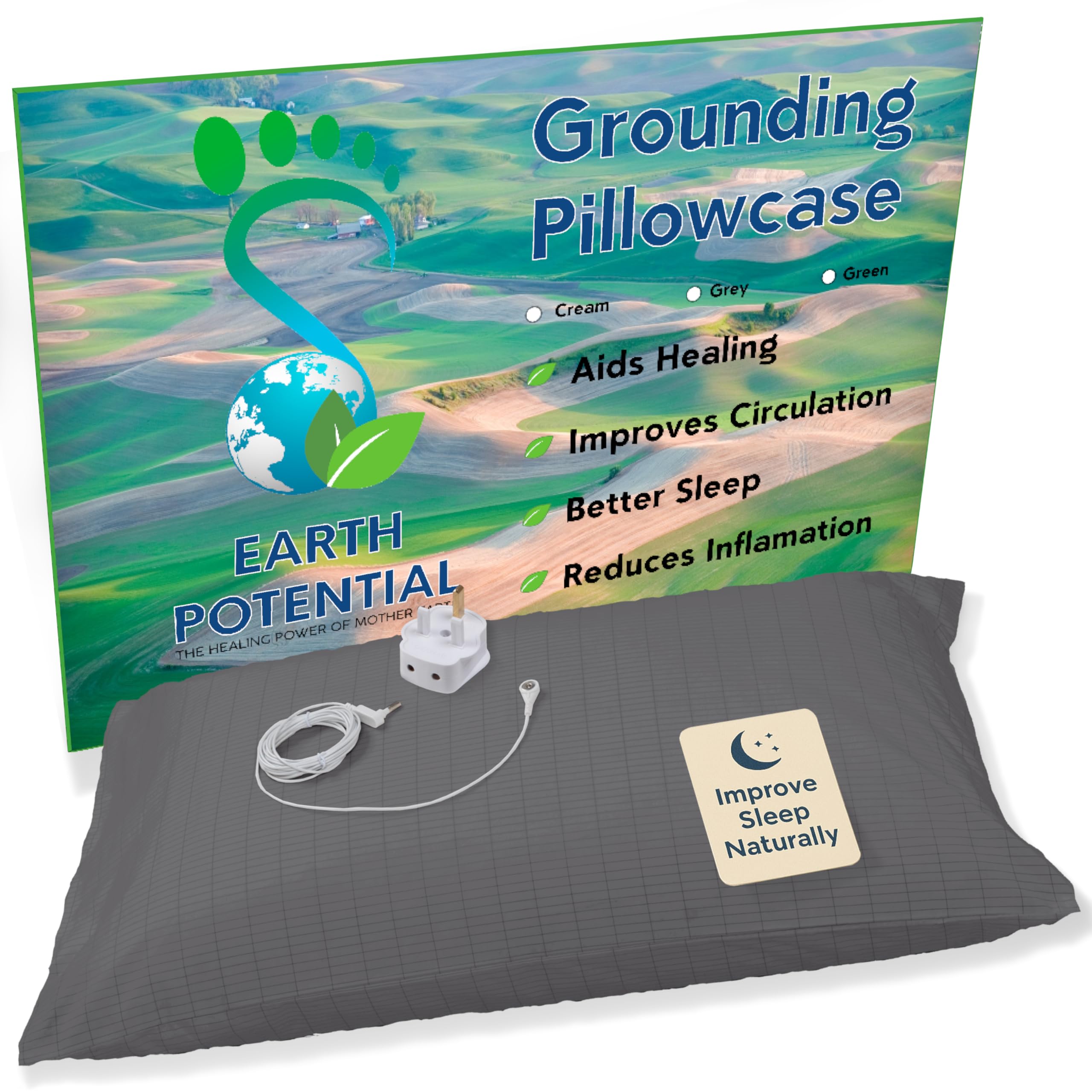 Earth Potential Grey Earthing Grounding Pillowcase In – Made From 95% Cotton And 5% Soft Silver Thread To Fit A Standard Uk Pillow - Supplied Complete With A 5M Cable And Uk Double Outlet Grounding Plug