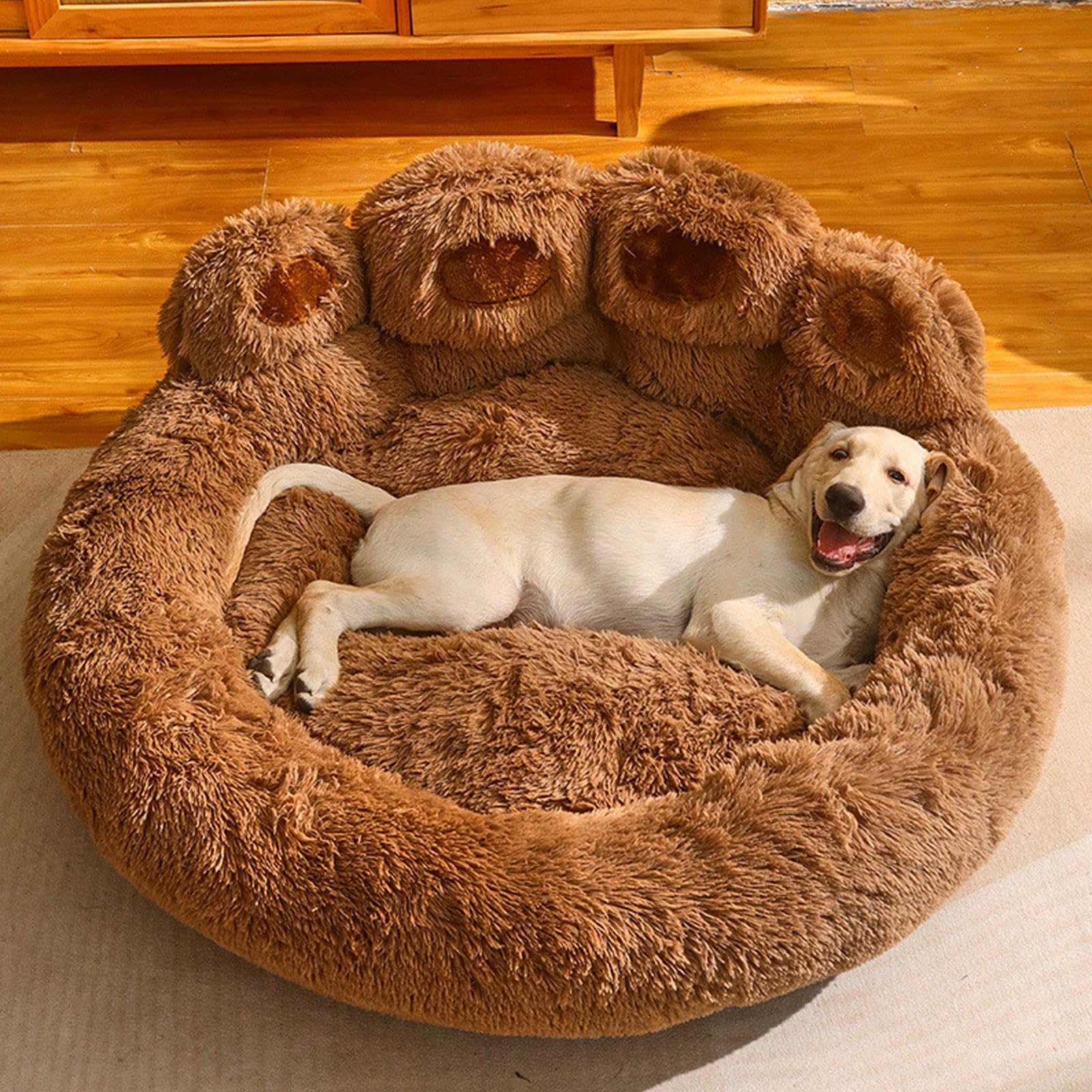 Cute Dog Kennel Mattress, Warm Pet Dog Bed, Dog Bed Cat Pet Sofa Cute Bear Paw Shape Cozy Cozy Pet Sleeping Bed, Soft Fluffy Faux Fur Cat Cushion Dog Bed for Small, Medium, And Large Dogs,Brown,M