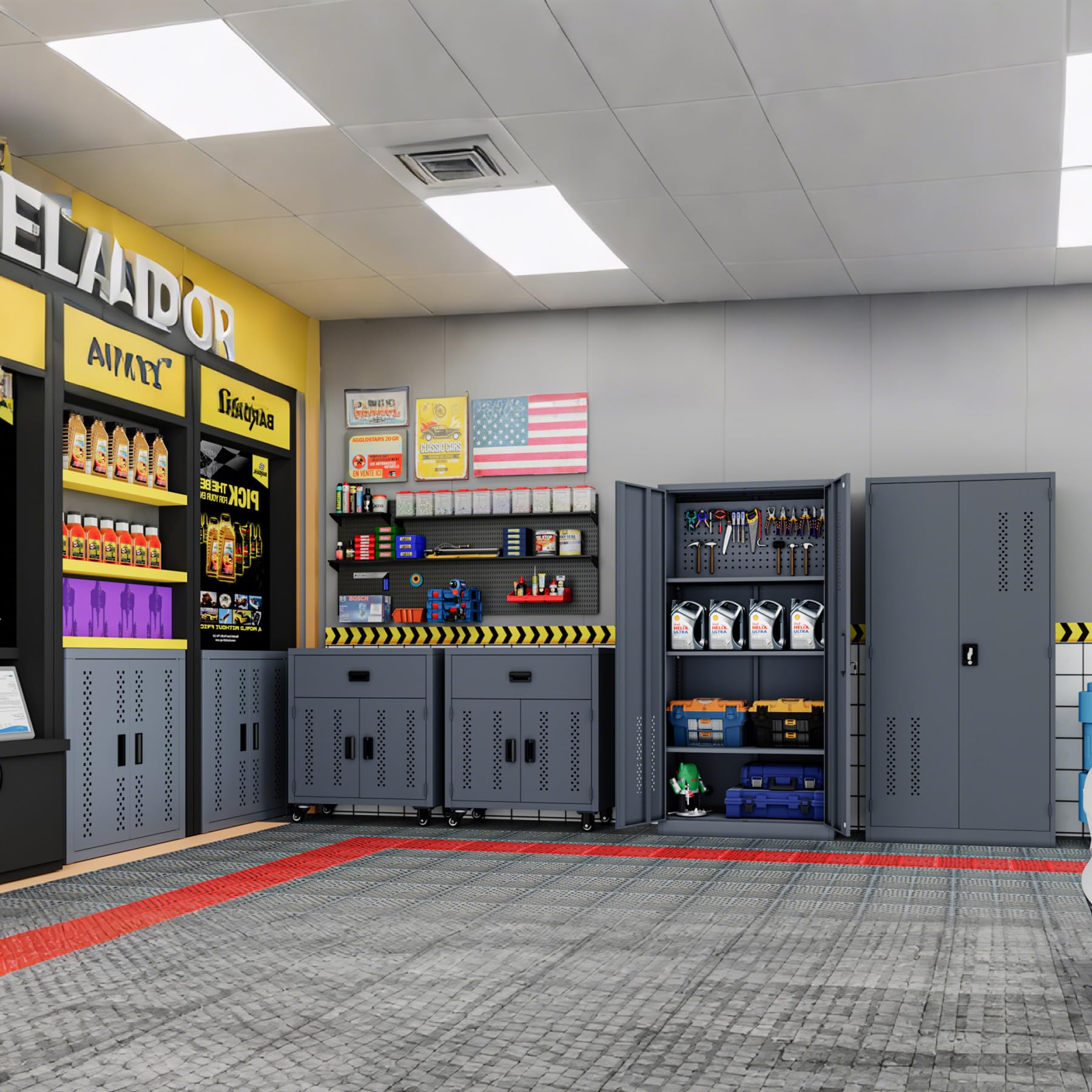 Industrial Style Garage Storage System for All Kinds of Tools and Items, Six-Piece Set to Meet Your Storage Needs