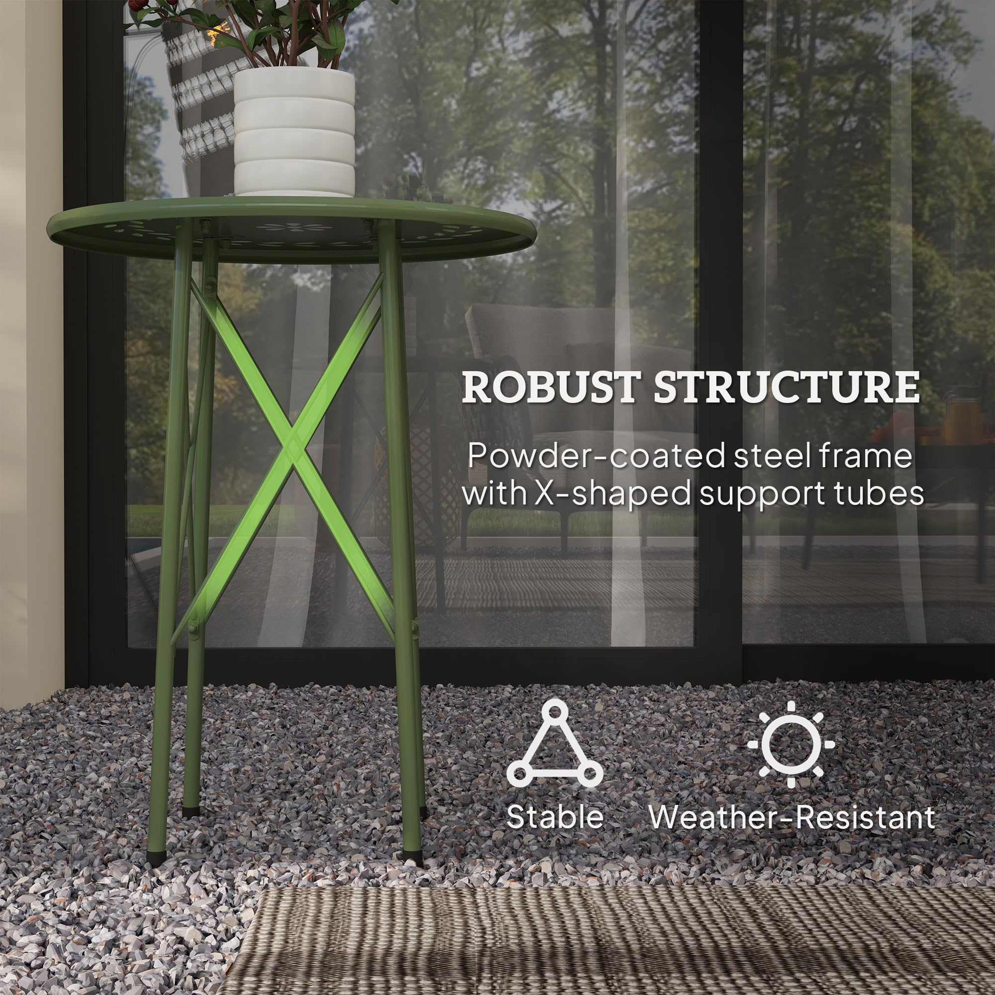 Outsunny 15.7" Round Garden Table with Floral Cut-Out, Steel Balcony Side Bistro Coffee Table, Outdoor Furniture with Adjustable Feet for Patio Garden, Green - 5