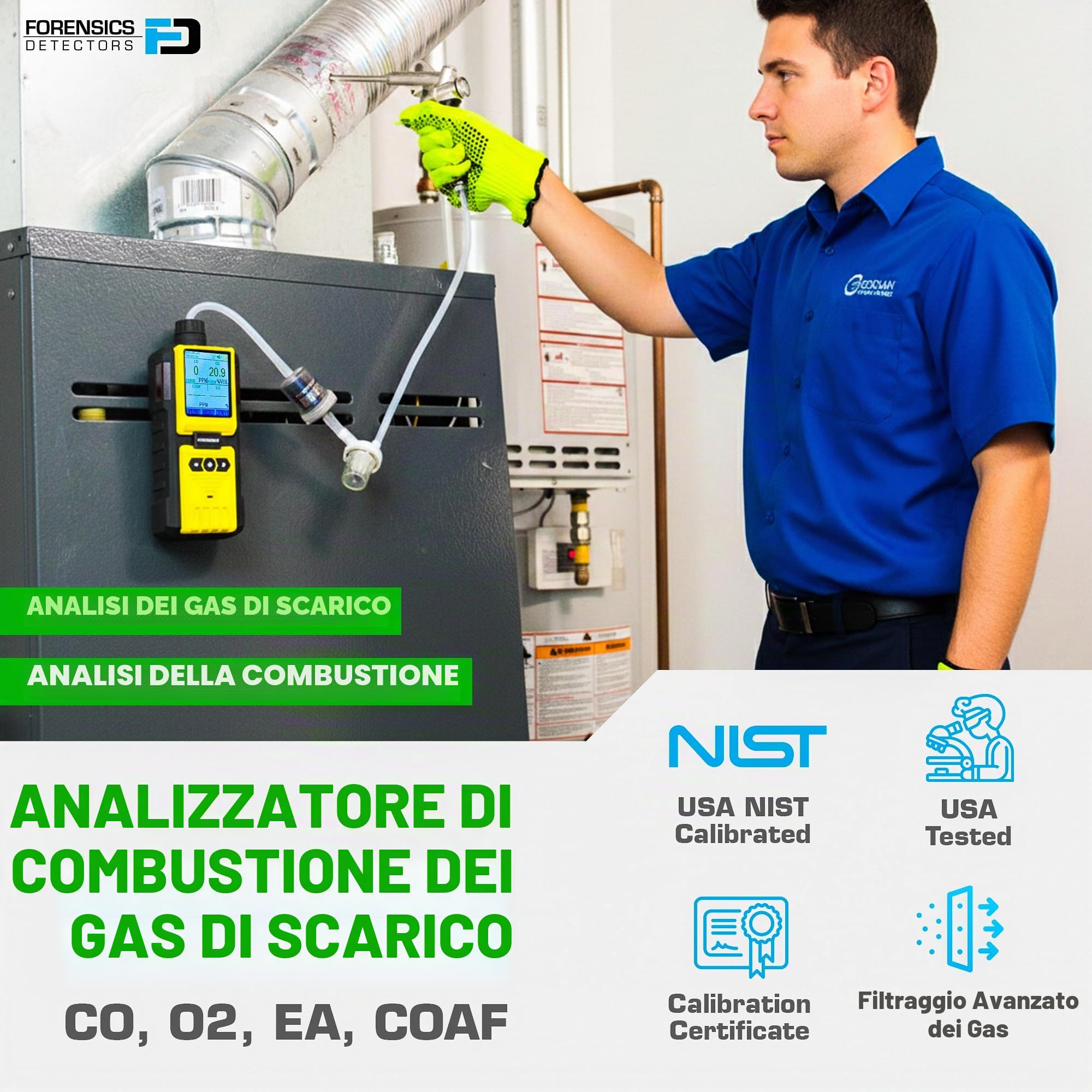 Analisi Professionale dei Gas di Scarico | Certificato di Calibrazione EU | HVAC, Combustione, Gas di Scarico Fumi | CO, O2, COAF & EA | Filtri e Sonda |
