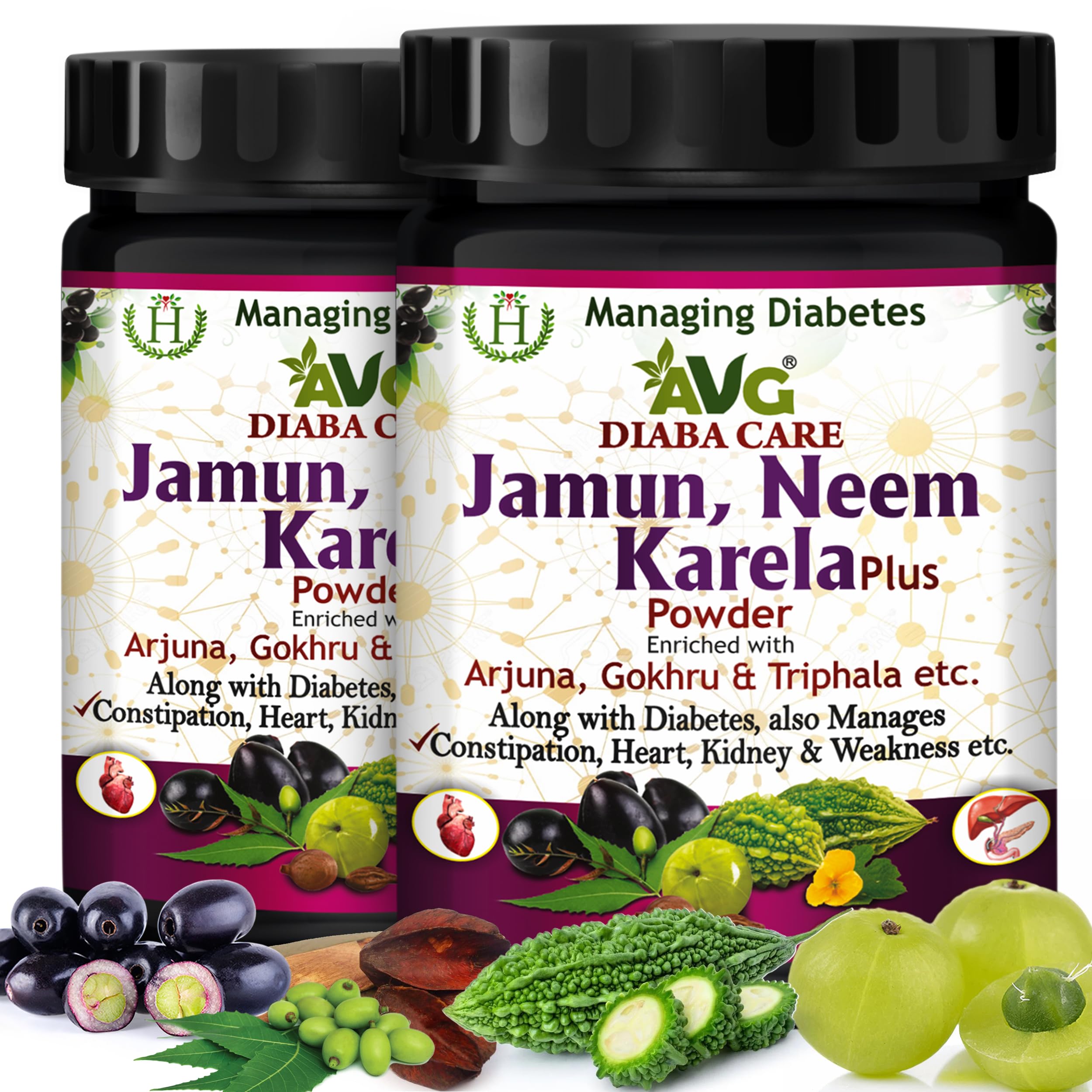 AVG Health Organics Diaba Care Karela Jamun Neem Powder 200gm each, Pack of 2 Diabetes Care Ayurvedic Supplement with Arjuna, Gokhru & Triphala, Helps in Relieving Constipation