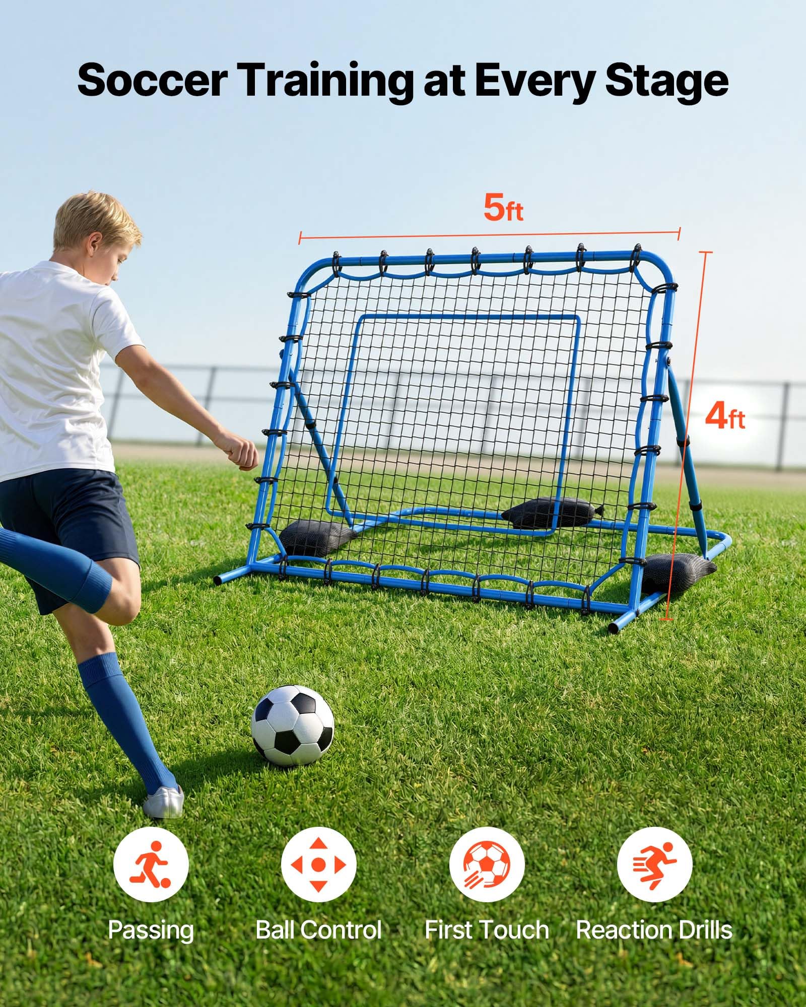 VEVOR Calcio Rebounder Net, Quick-Switch Angolo Calcio But Rebounder for Control, Passing Practice, Heavy Duty Iron Frame & PE Net, Simple Setup Ball Training Equipement for Teens and