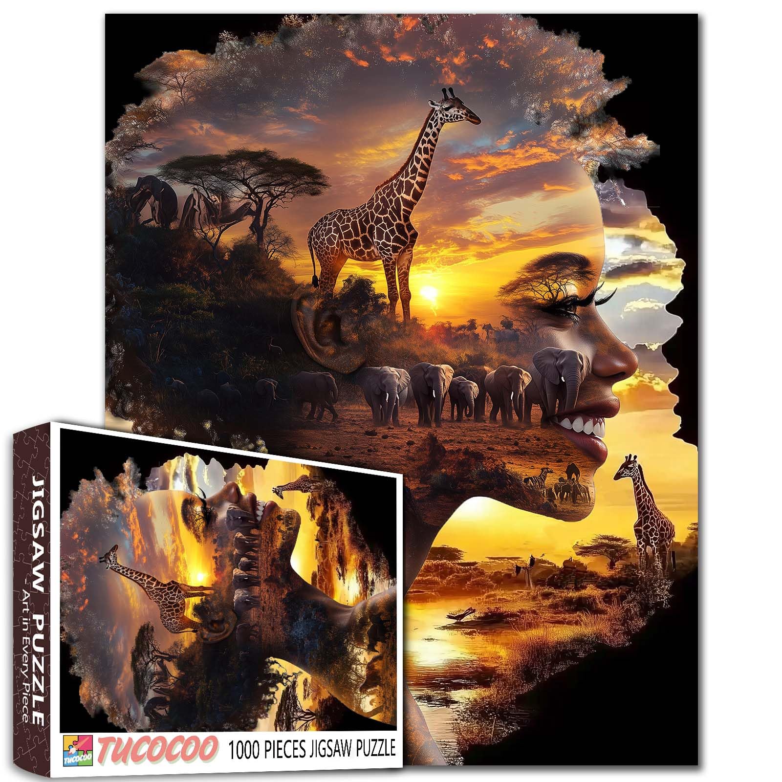 Black Women Puzzles for Adults Elephant Giraffe Tree of Life 1000 Pieces Jigsaw Puzzle Art Africa Woman Family Game Activity Game Night — image 1
