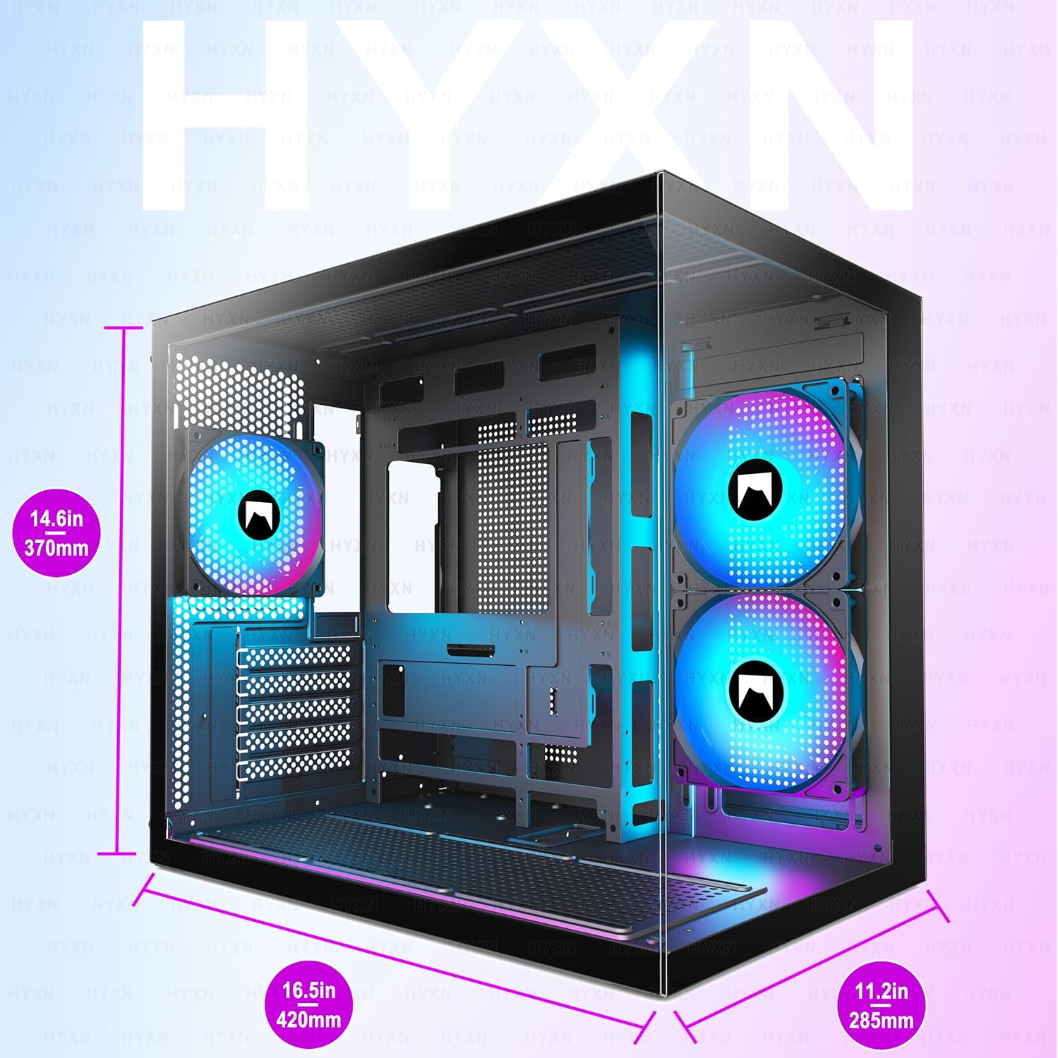 H3 HYXN ATX PC Case - Pre-Installed with 3 ARGB Fans - Compact Dual Cavity Mid-Tower PC Gaming Case - with Type-C 3.2-360mm Radiator Support, Black
