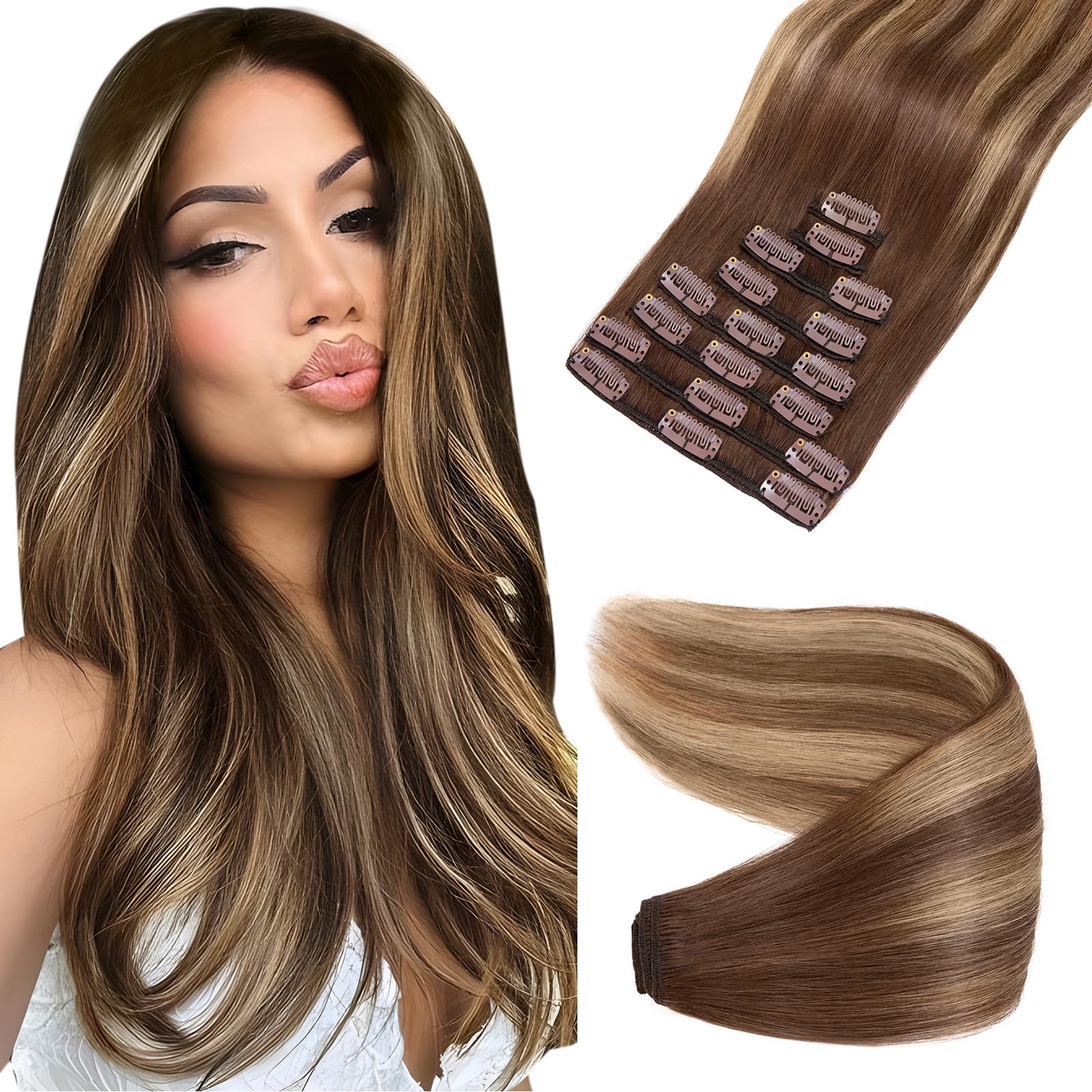 Elailite Clip in Hair Extension Real Human Hair Full Head Short Hair