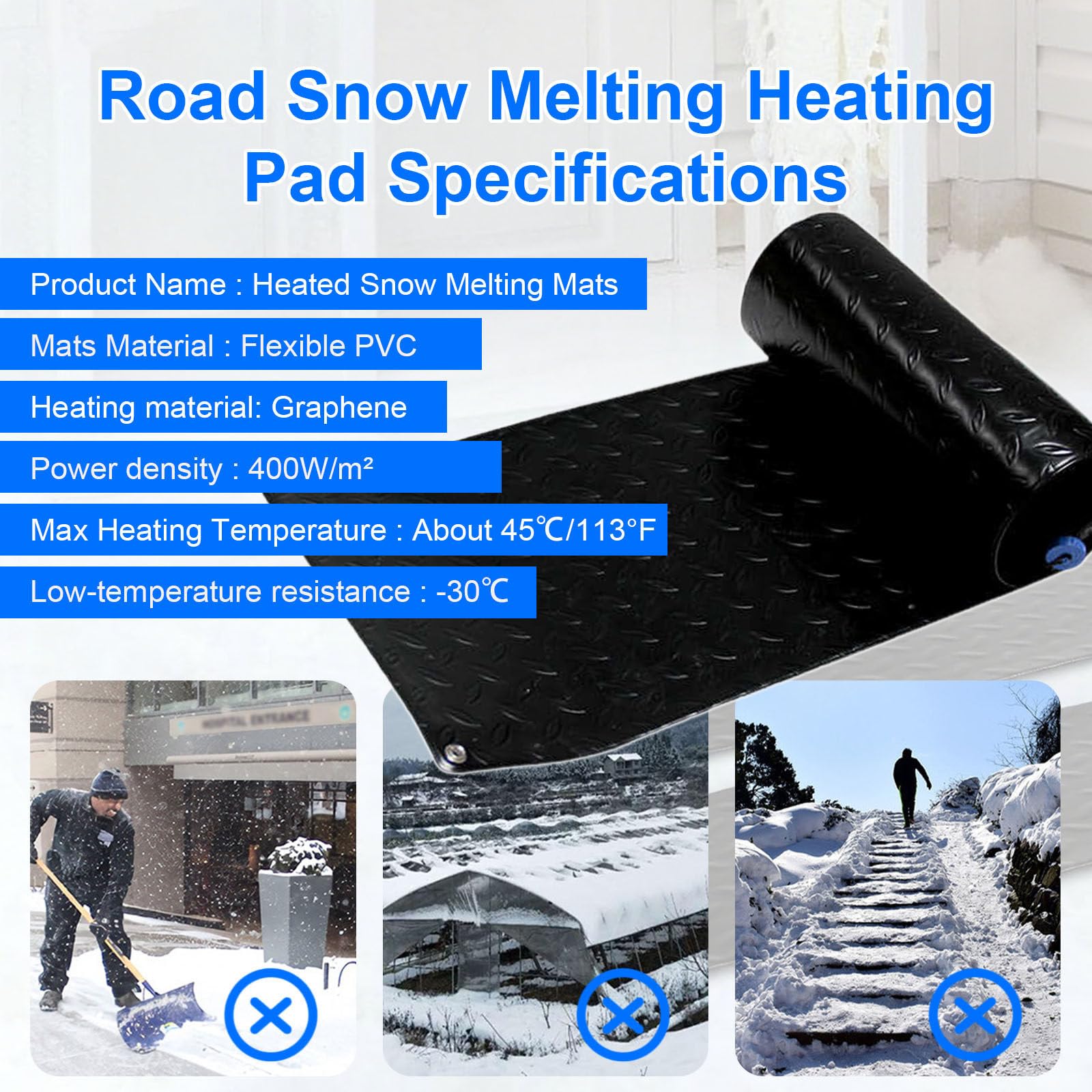 Tapis Chauffant Électrique pour Fonte De Neige Et De Glace,Double Face Antidérapante, Température Maximale De 45 °C,pour Toitures,Escaliers,Marches Et Pelouses. 400 W/m² 55cm*120cm