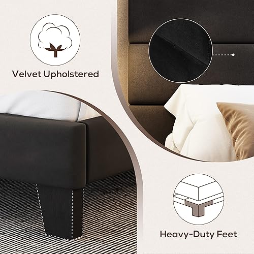 Miniatura 6 de WEEWAY Base de cama Queen con cabecera tapizada de terciopelo y soporte de listones de madera, base de colchón resistente, no necesita somier, fácil