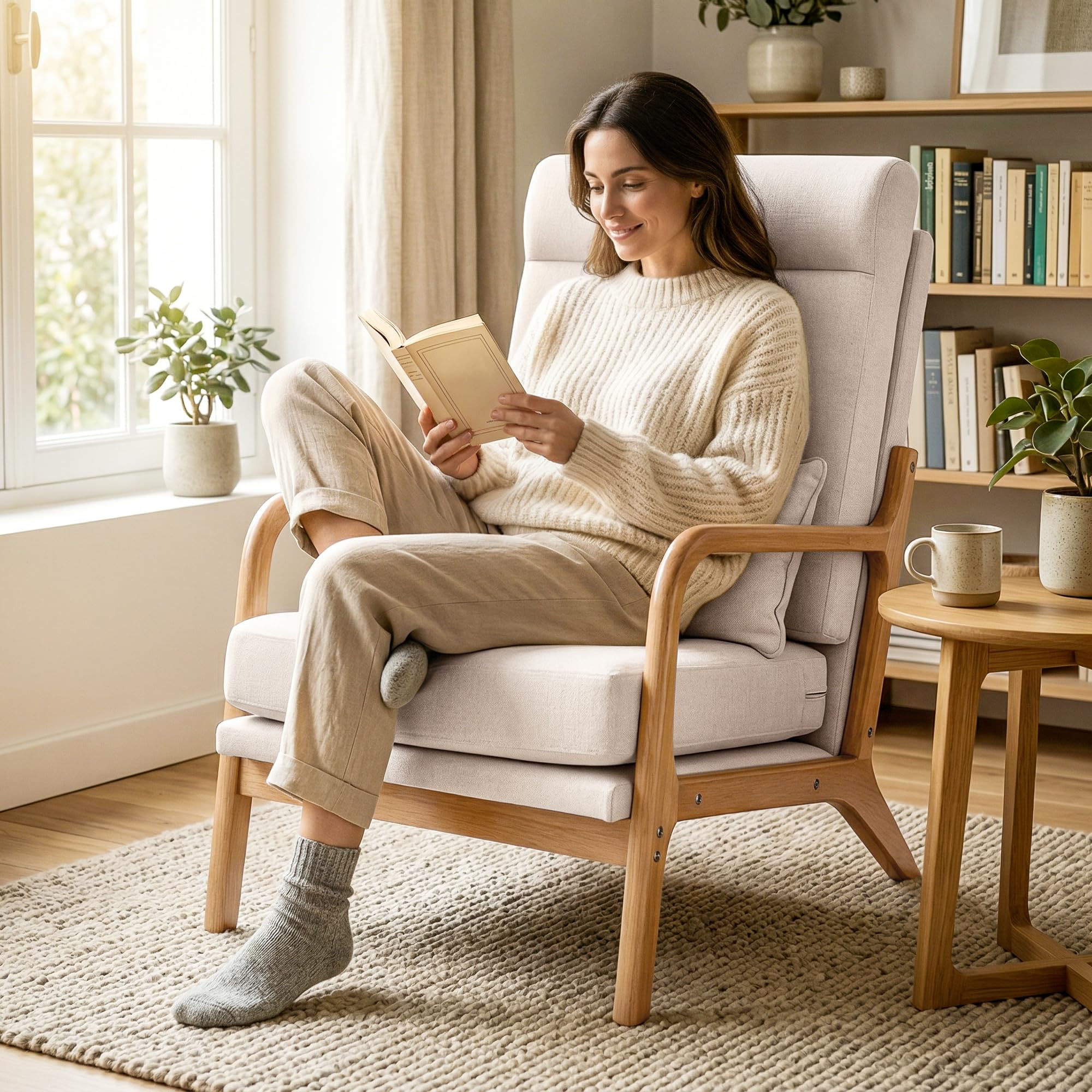 HOMCOM Fauteuil Salon, Fauteuil d'appoint rembourré en Lin avec Large Assise, Soutien Lombaire, Haut Dossier, Coussin épais et Structure en Bois Massif, Chaise de Salon, Chambre, Coins Lecture, crème