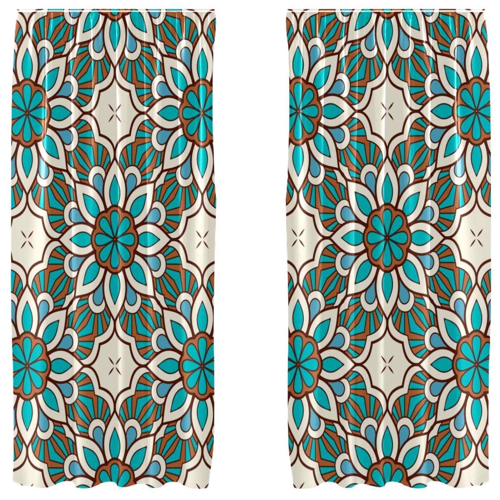 Cortinas con patron de mandala multicolor, juego de dos paneles para ventana de 55x84