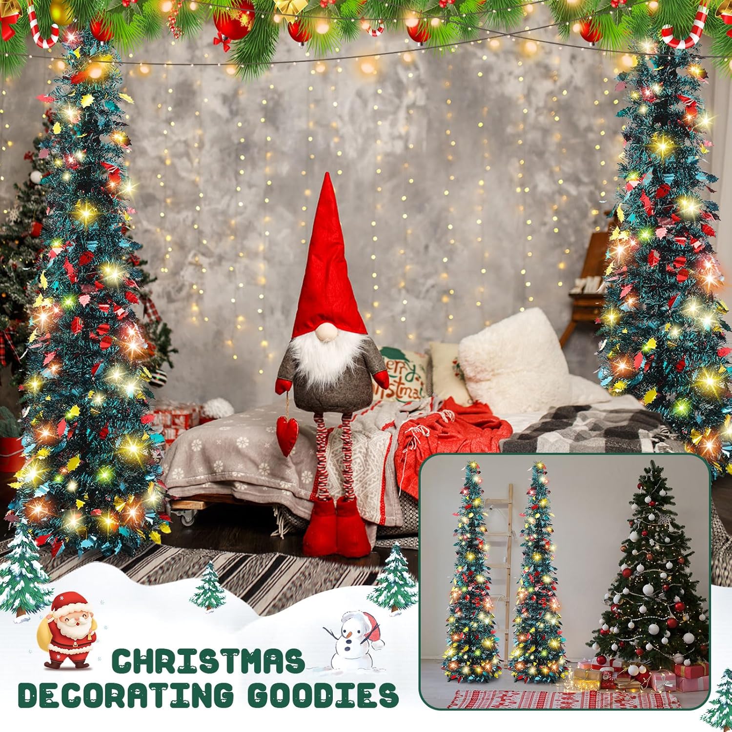 Syhood 2 Pack 5ft Collapsible Christmas Tree Tinsel Christmas Tree Pop up Glittery Pencil Tree Skinny Artificial Pencil Tree for Holiday Xmas Winter Party Decorations(Dark Green,Tree)