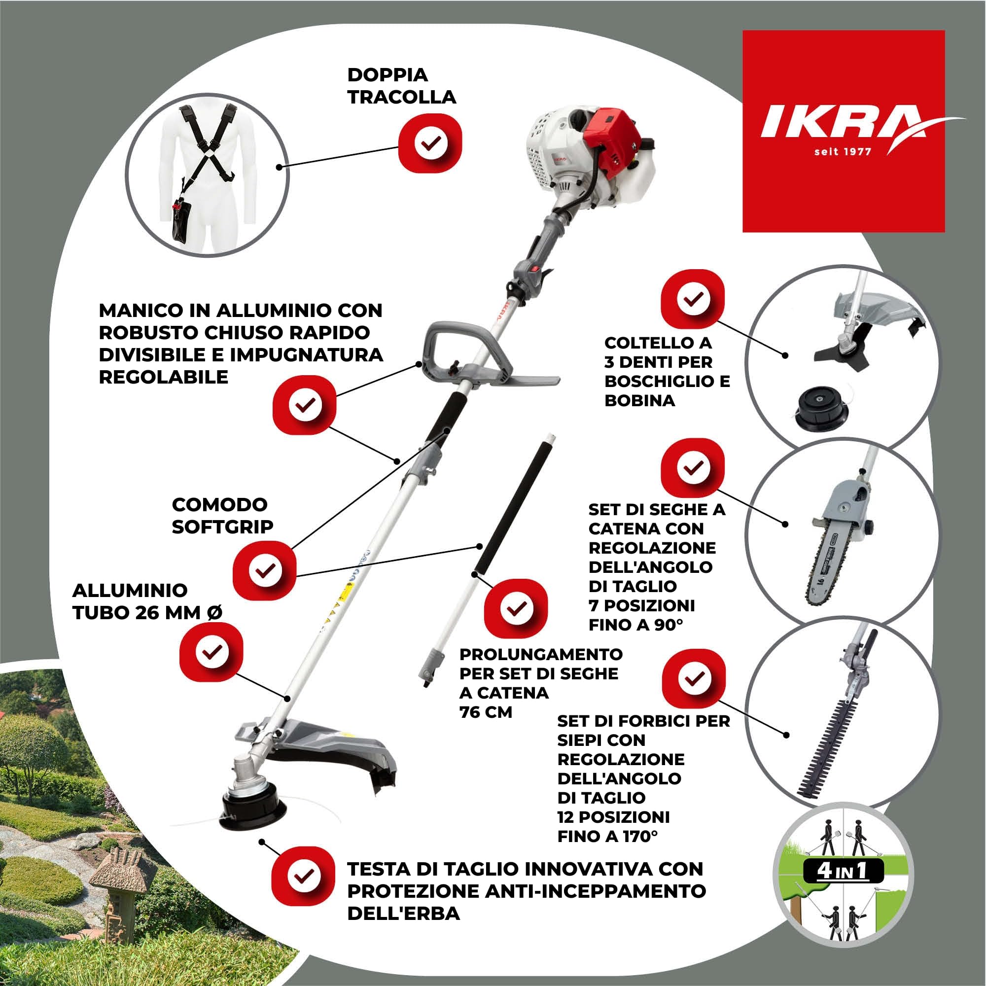 IKRA Multitool IBKH 33-1 a benzina 4in1 utensile multifunzione da giardino incl. scudo protettivo e lima per catena