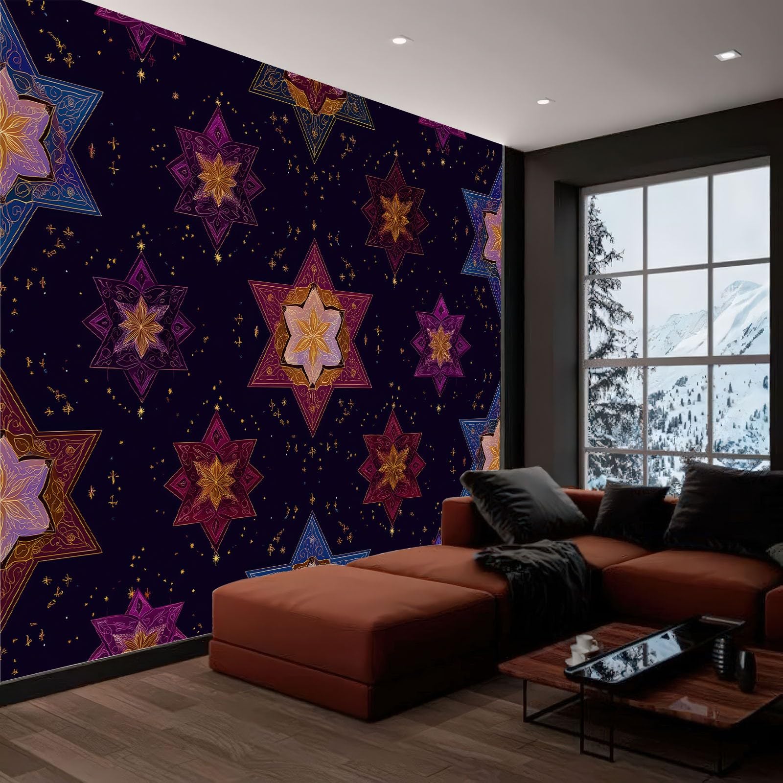 Geometryczny gobelin ścienny z włókniny w gwiazdki kwiaty łatwy do nałożenia - wielokolorowa tapeta na zamówienie 350 l x 256 cm, zmywalny plakat XXL do pokoju dziecięcego i restauracji
