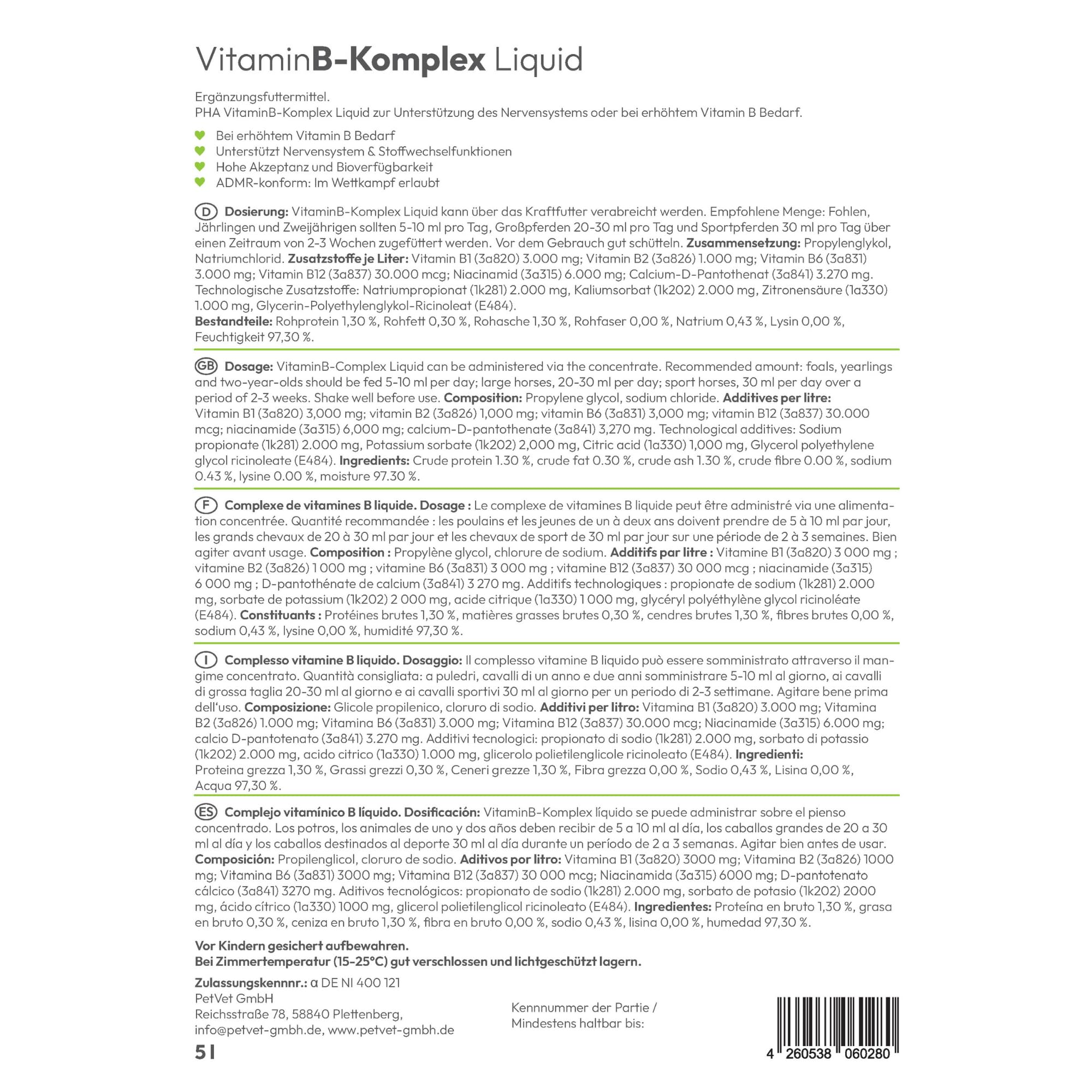 PHA Vitamina B complesso cavallo: supporta nervi, zoccoli, pelo e metabolismo, liquido anti-stress per cavalli, per lenire, vitamine B 5 l