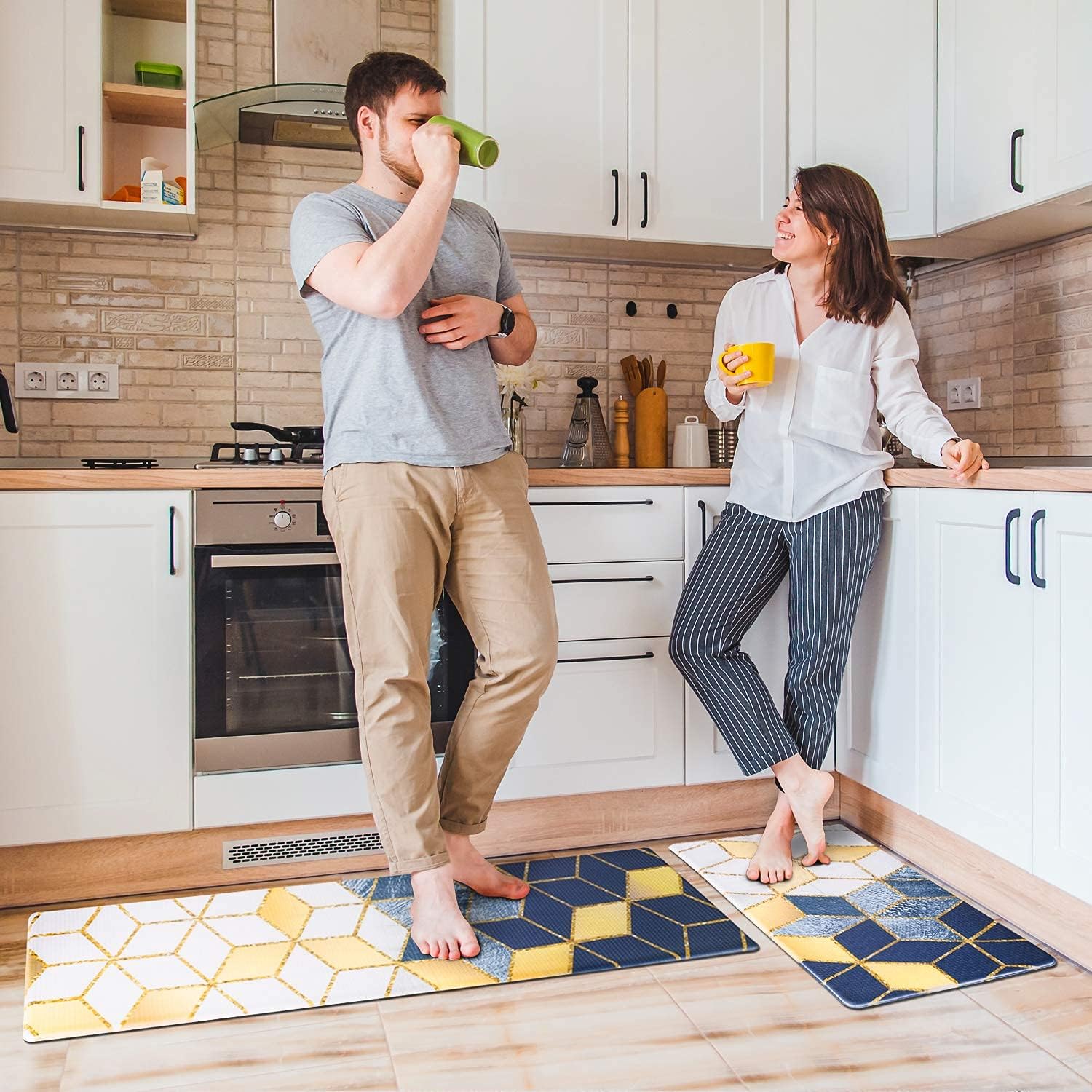 DELXO Kitchen Mat Rug Set [2 PCS] for Kitchen, Bathroom, Living Room - Soft, Absorbent Extreme Comfort Material, Anti Fatigue Non-Slip - Easy Clean Machine Washable - (18"x47" +18"x30", Ceramic Tile)