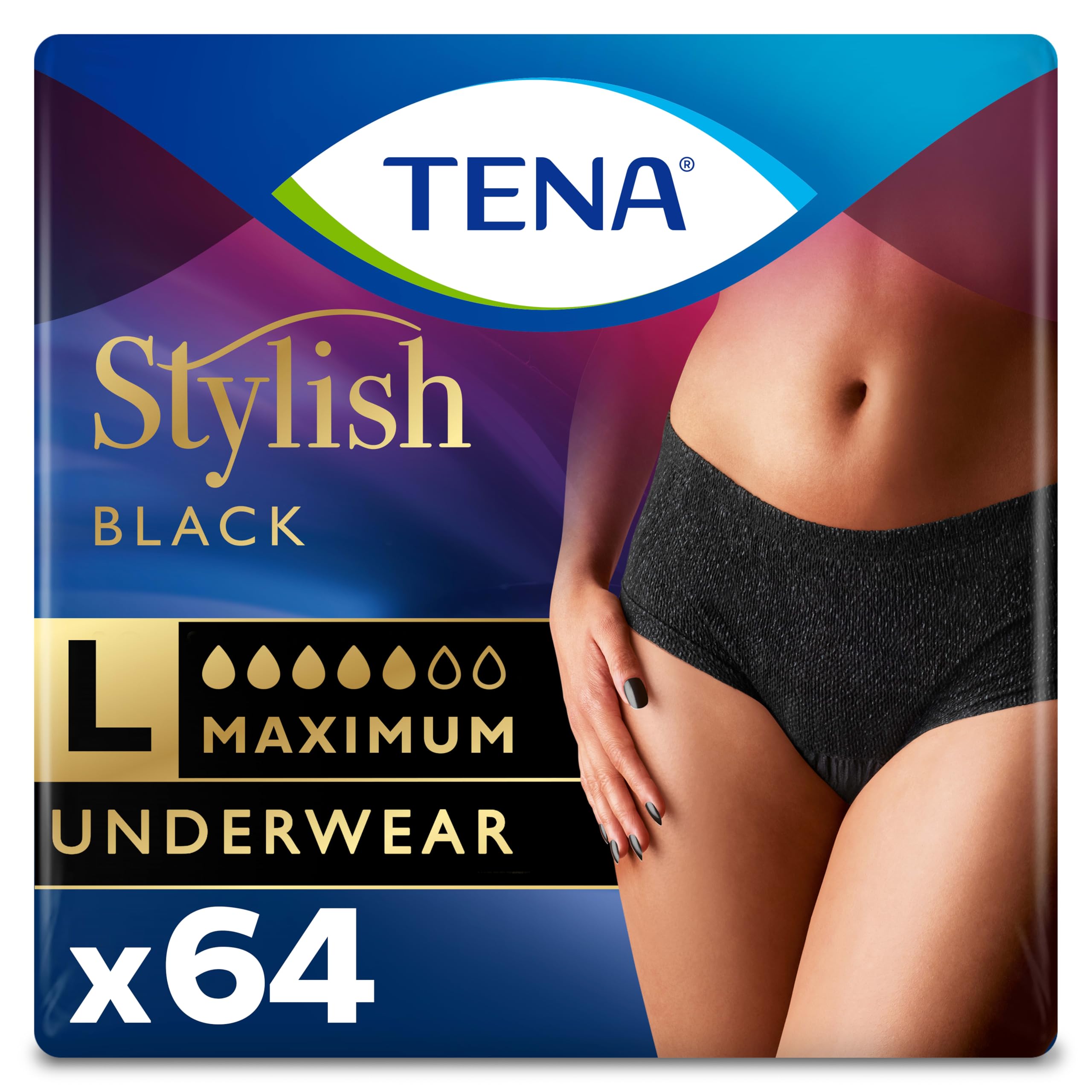Tena Stylish Black Incontinence Underwear for Women Maximum Absorbency