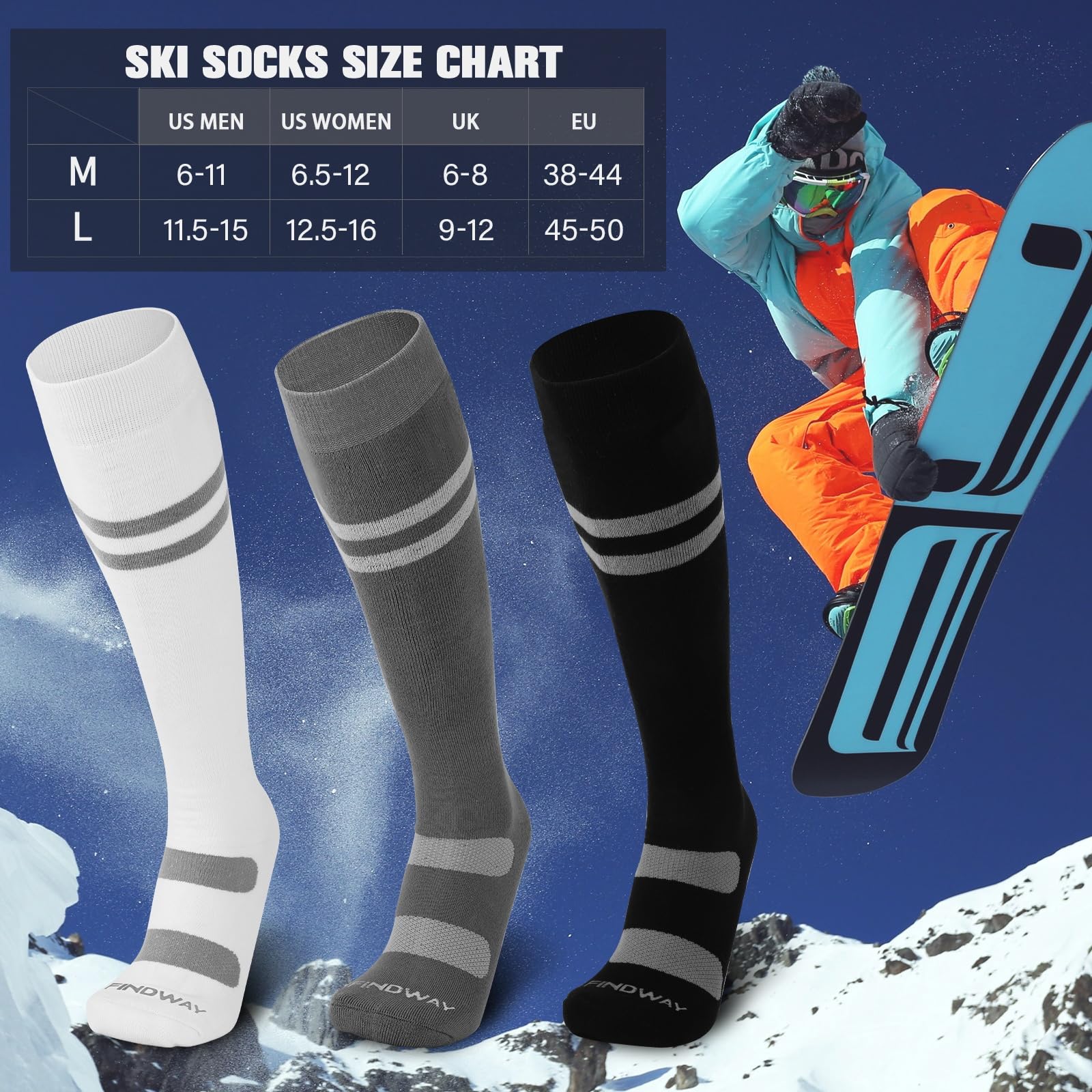 Findway Calcetines Termicos de Esquí, Paquete de 2 Pares, Calcetines de Invierno, Snowboard, Senderismo y Ciclismo, de Alto Rendimiento y Suaves y Cálidos, Calcetines Nieve para Hombres y Mujeres