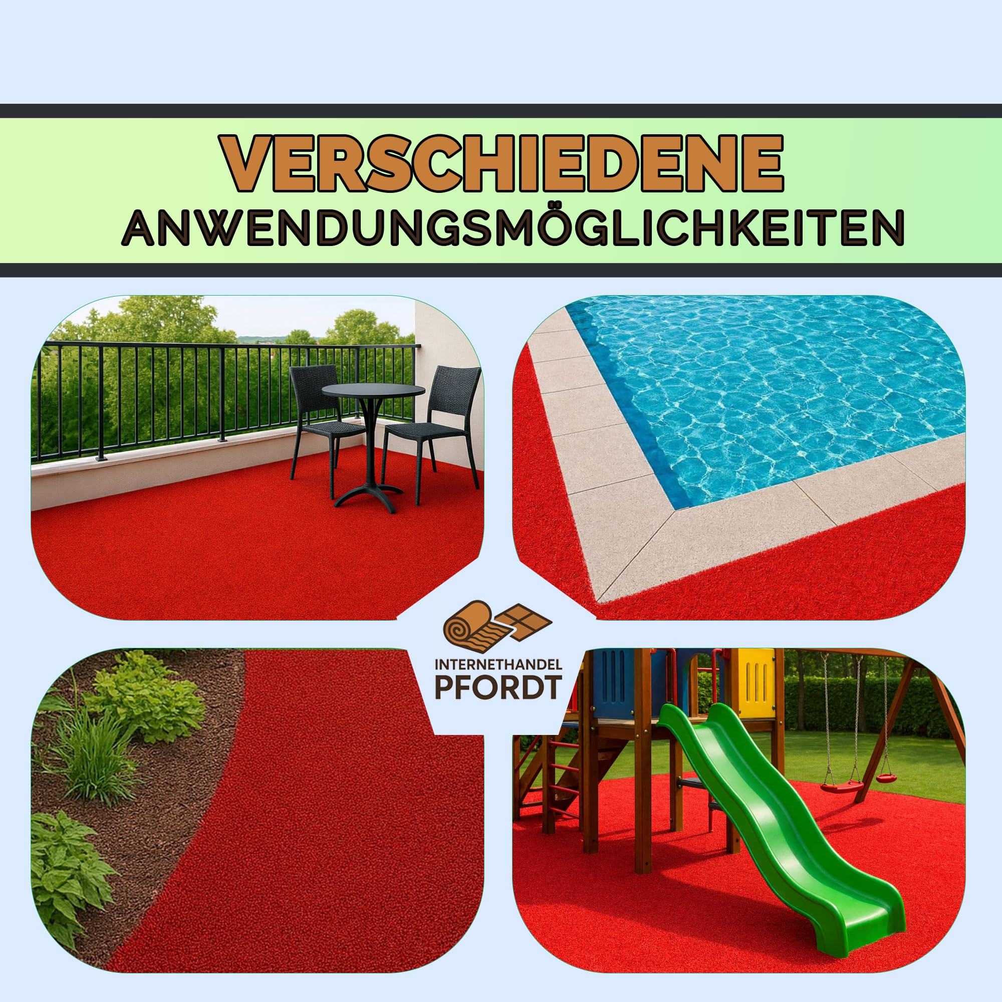 Kunstrasen 100x400 cm Rot, Rasenteppich mit Noppen, Outdoor Teppich wetterfest und pflegeleicht für Balkon, Terrasse und Garten