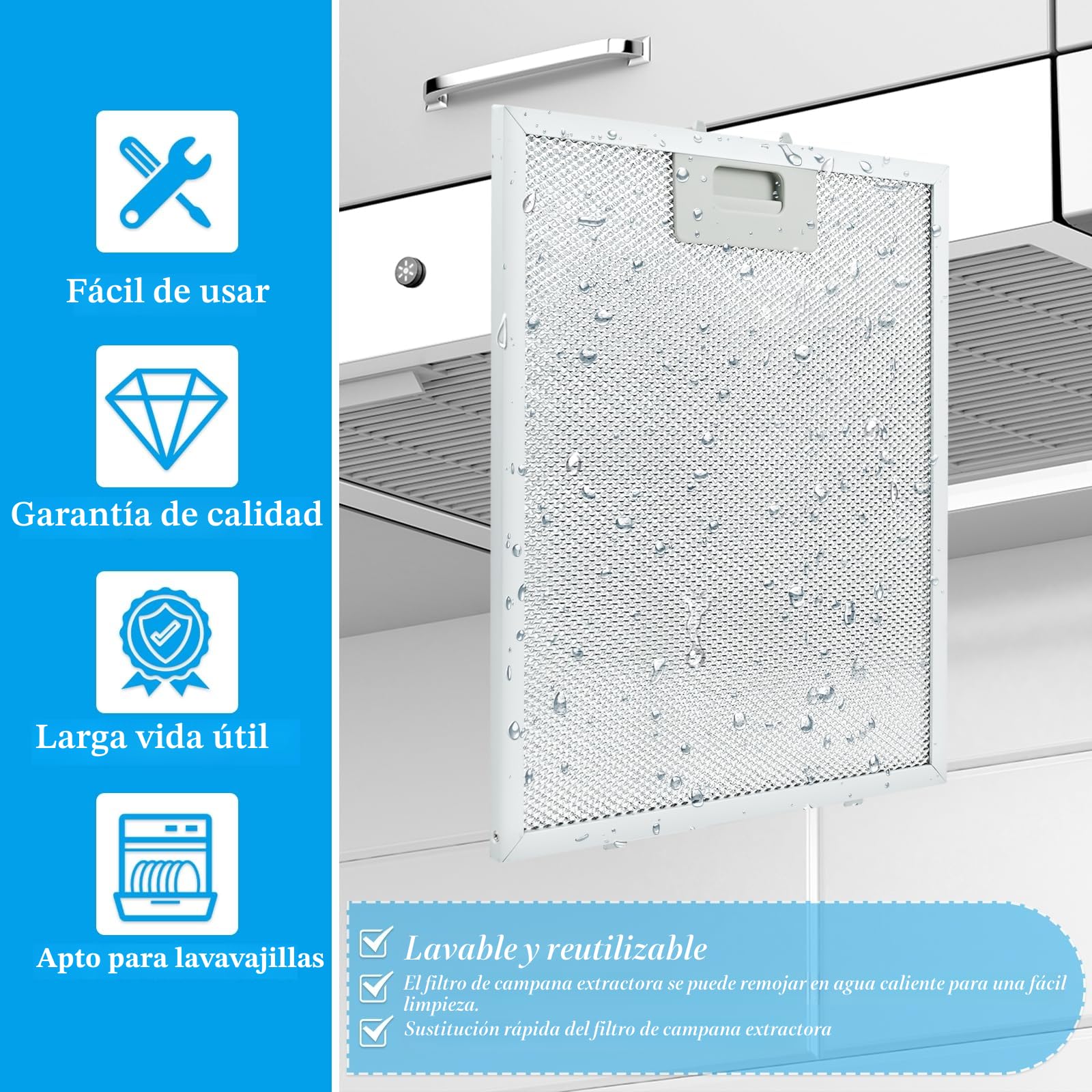Filtro de aluminio de 5 capas para campana de cocina, 2 piezas, filtro antigrasa de metal, 320 x 260 mm, filtro universal para campana de cocina adecuado para muchas marcas líderes de campanas de