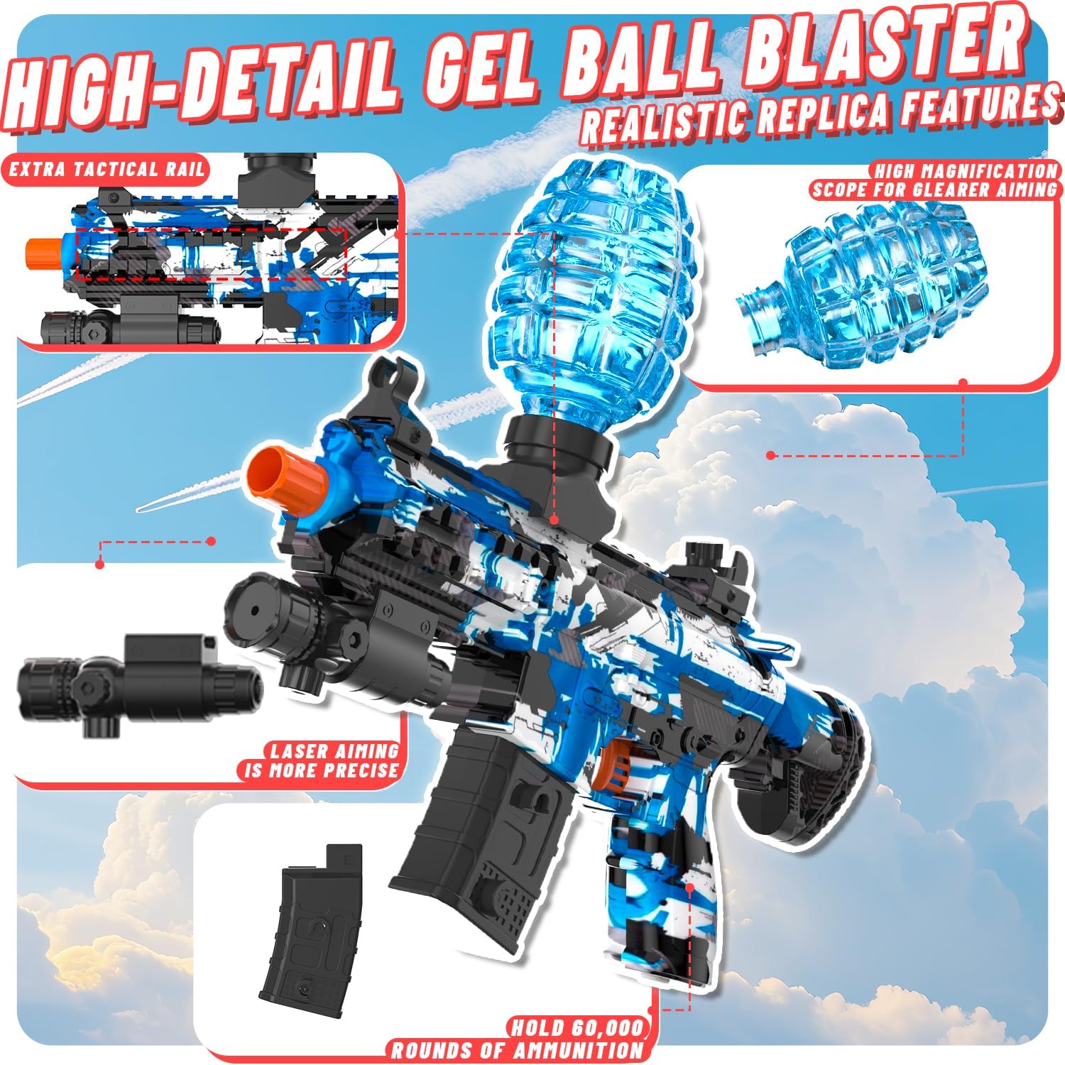 Electric Gel Ball Blaster, High Speed Automatic Splatter Ball Blaster with 60000+ and Goggles, JIFTOK Rechargeable Splatter Ball Toys for Outdoor Activities Shooting Game Party Favors-Blue