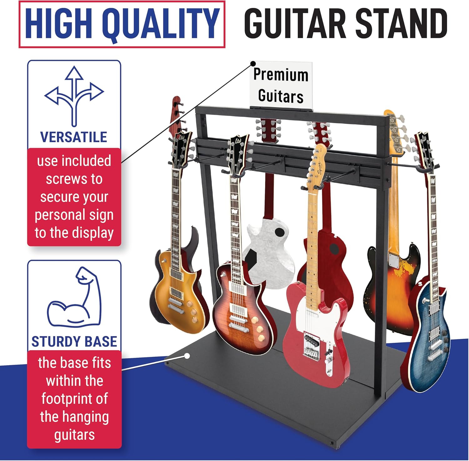 VICTORY 51" Free Standing Wall - Multi Guitar Rack Display Holder - Metal Modular Single-Tier Stand for Acoustic, Bass, Ukulele w/Adjustable Hooks - Guitar Accessories Gifts for Men - Black