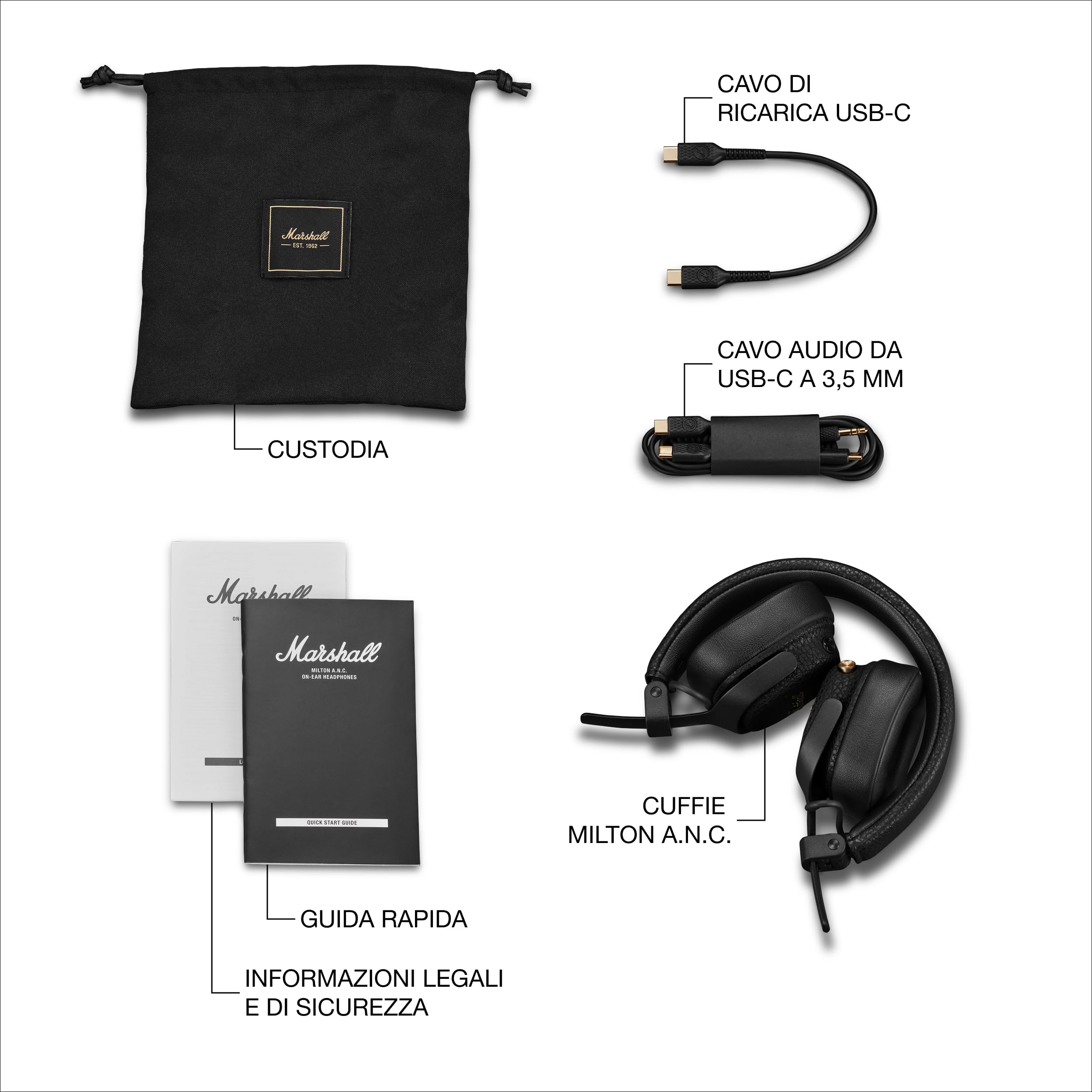 Marshall Cuffie sovraurali wireless Milton ANC con cancellazione attiva del rumore adattiva e fino a 80 ore di riproduzione, Nero