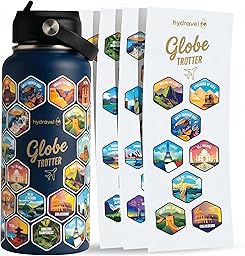 Borraccia Termica GLOBE TROTTER con 50 Adesivi dei Posti più BELLI del Mondo - Ottima Idea Regalo per Viaggiatori - 1 LT, Acciaio Inox, bevande Calde per 12h/Fredde 24h (Blu)
