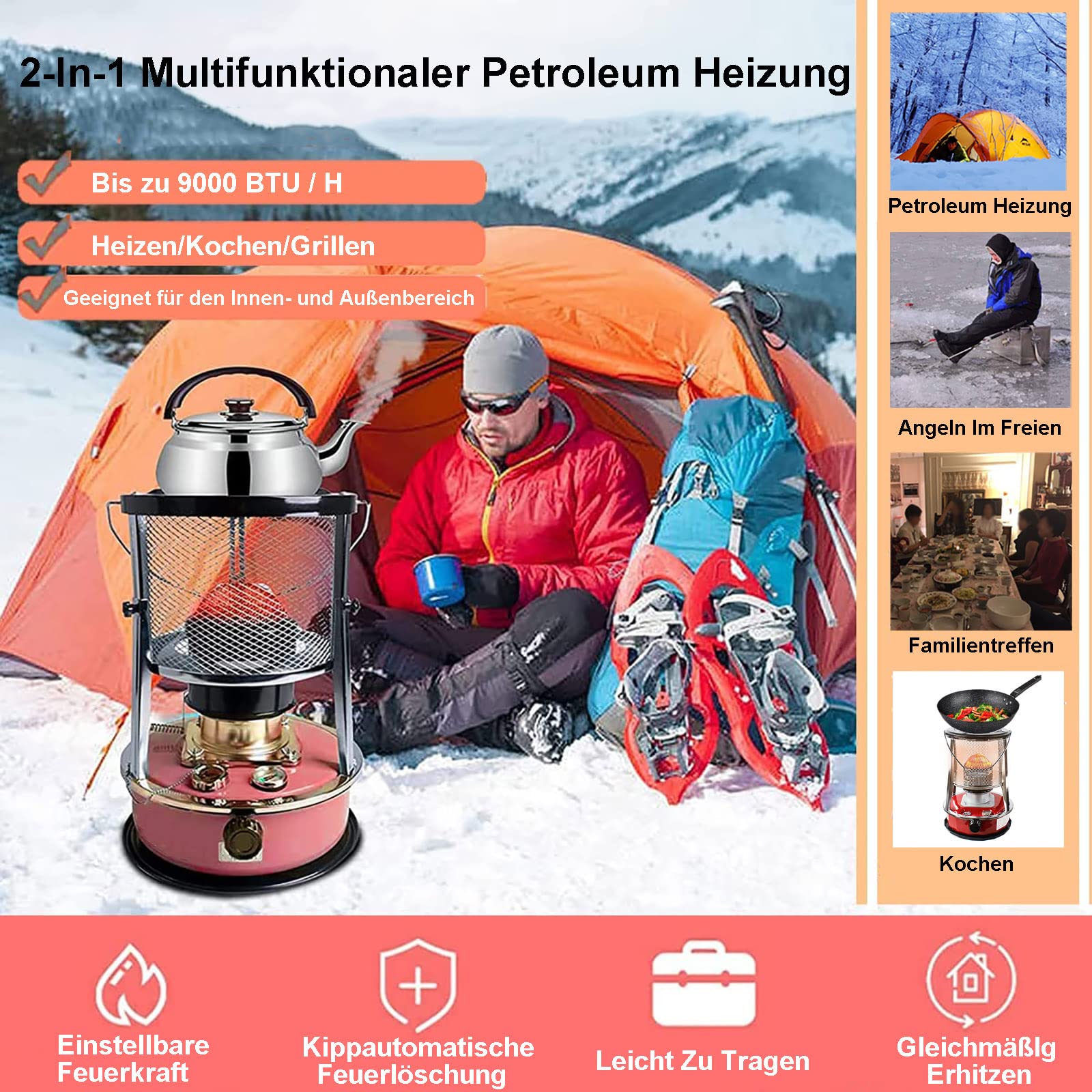 QDF 4.6L 2600W Petroleumofen für Innenräume, 2 in 1 Tragbarer Petroliumheizer, Heizung Ohne Strom Innen, Camping-Heizofen, für Eisfischen Wandern Jagd Überleben Notfall-Terrasse