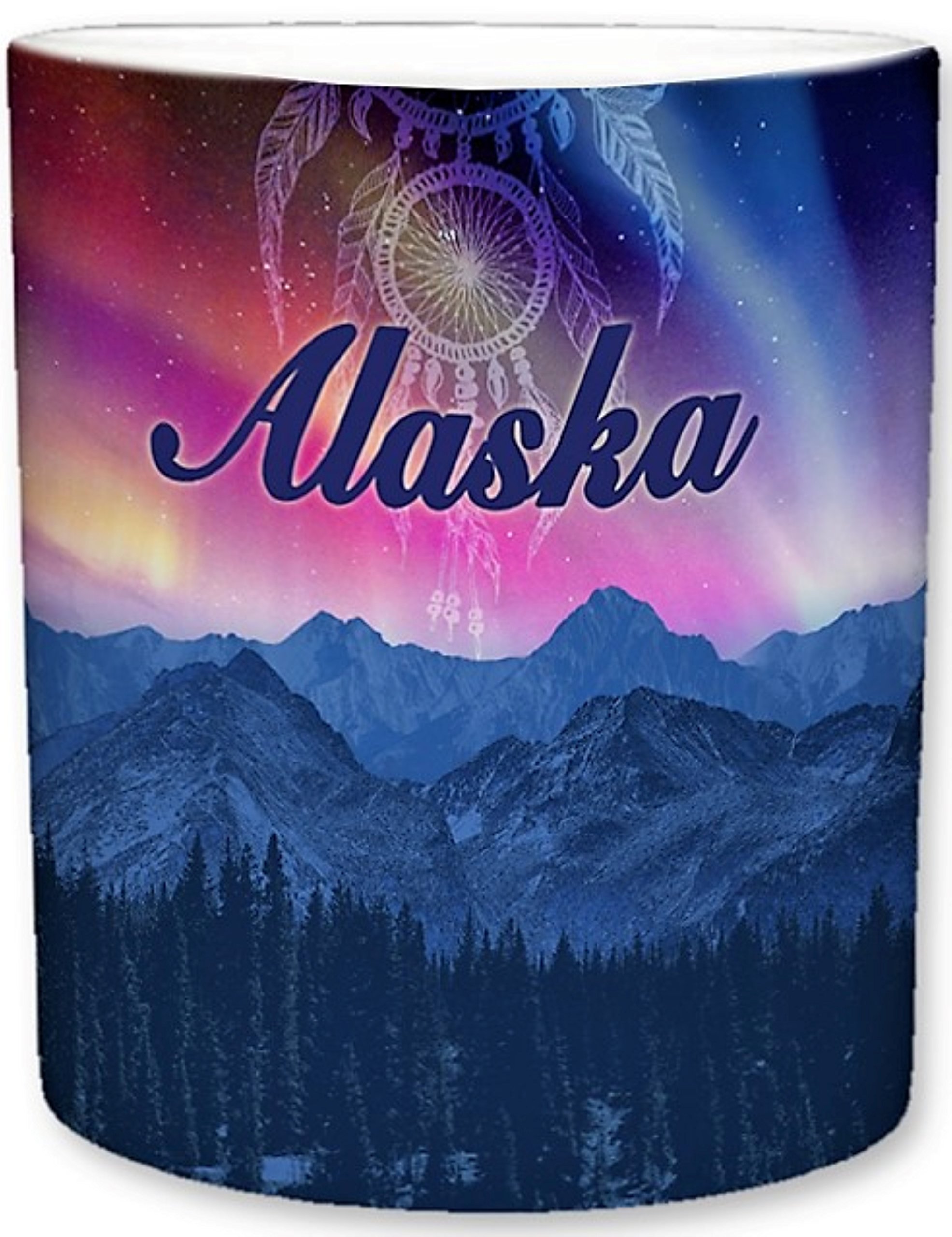 Sweet Gisele | State of Alaska Inspired Mug | Ceramic Coffee Cup | Mountainous Scenery | Aurora Borealis Detailing | Faded Dreamcatcher | Vivid Colors | Great Novelty Gift | 11 Fl. Oz