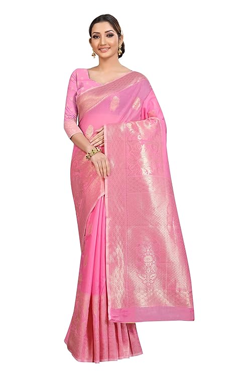 SILK LAND Women&#39;s Cotton Kota Silk Gold Copper Zari Saree With Unstitched Blouse Piece