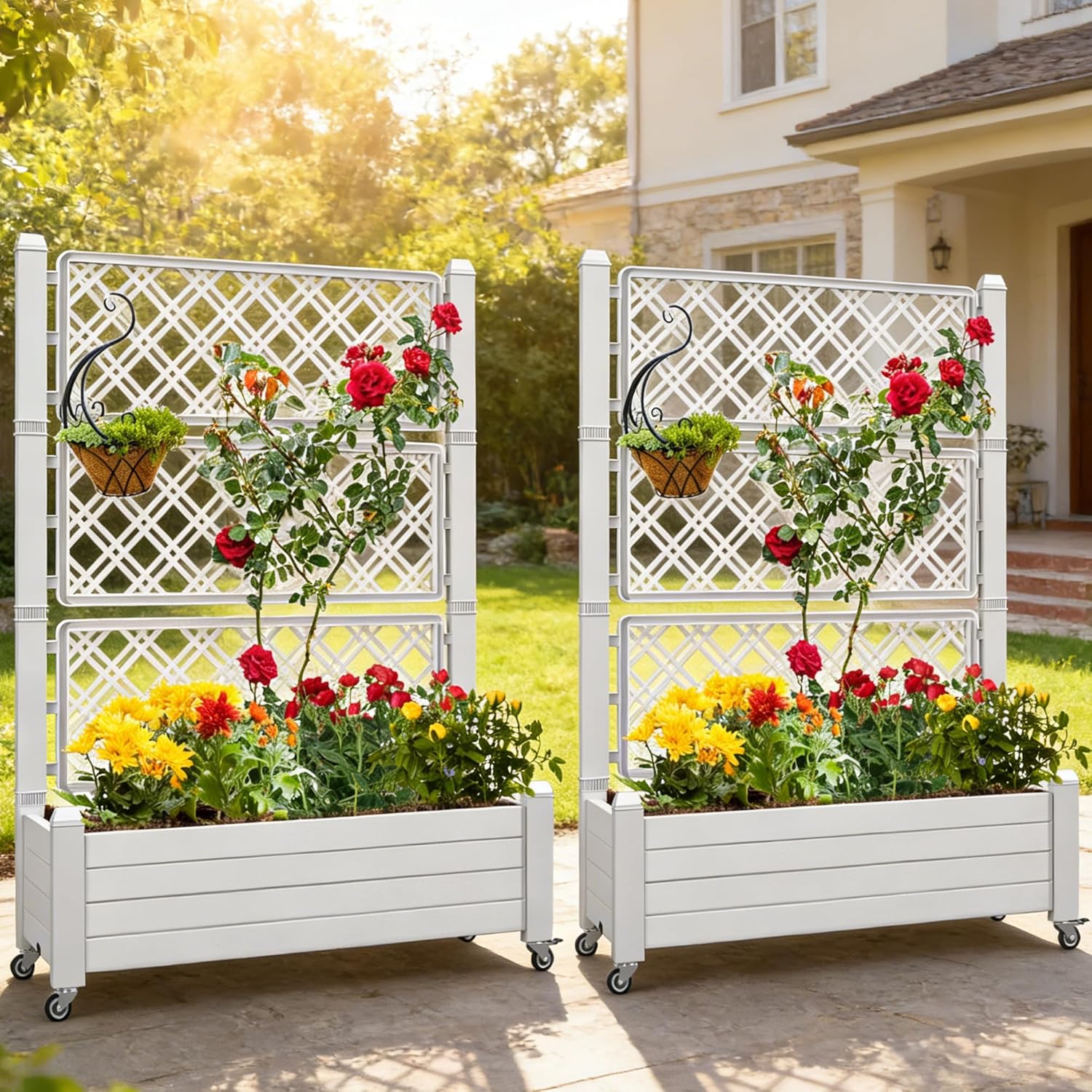 YITAHOME 43.3x17.7x61 in Planter Boxes Outdoor with Trellis 2pcs Resin Raised Garden Bed with Wheels & Drain Plug for Climbing Plants, White