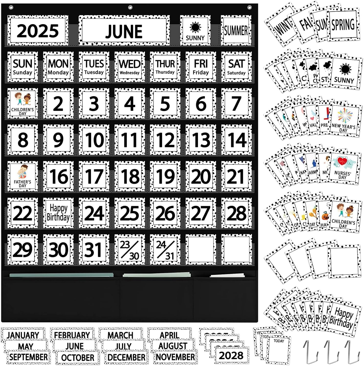 QOUBAI 120Pcs Classroom Calendar Pocket Chart Black and White Polka Dot Calendar Bulletin Board Set Classroom Decoration Calendar Seasons Weather Chart for Classroom Decor Back to School Supplies