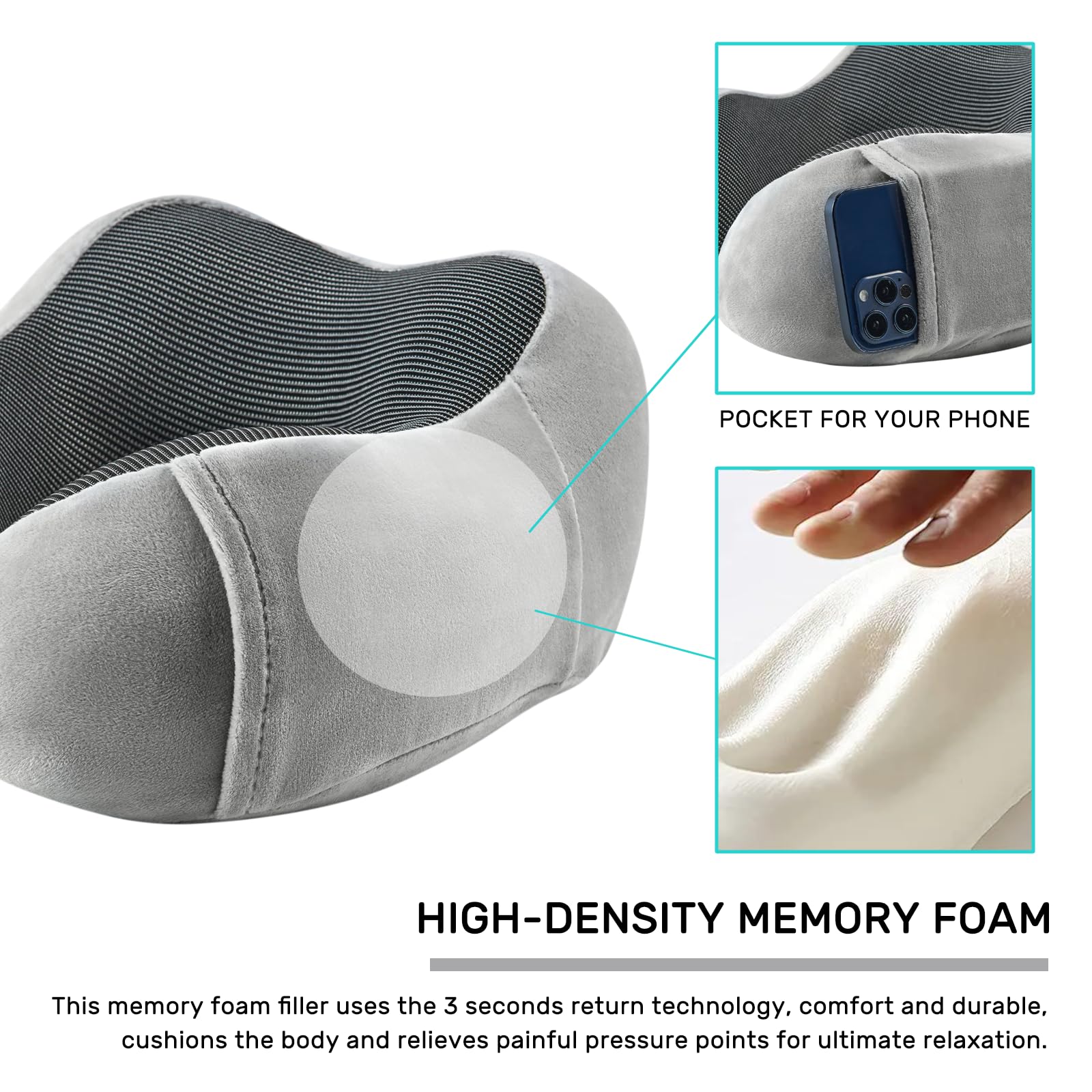 urnexttour Paquete de 2 almohadas de espuma viscoelástica para el cuello, almohada de viaje de apoyo suave para viajes, descanso para dormir, coche, tren y uso doméstico (negro y gris)