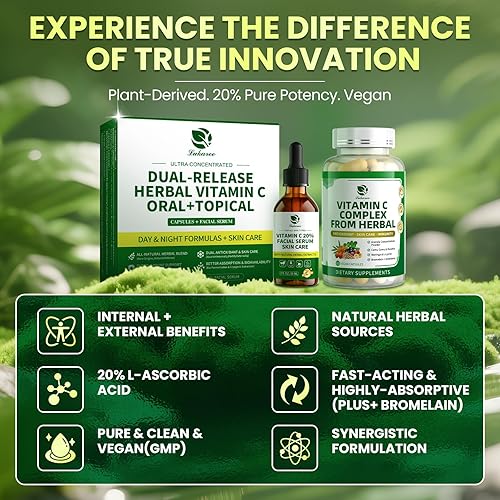 Miniatura 3 de Cápsulas de vitamina C y suero facial, apoyo para antioxidante y apoyo inmunológico, salud de la piel, vegano, sin azúcar, 1 onza + 60 cápsulas