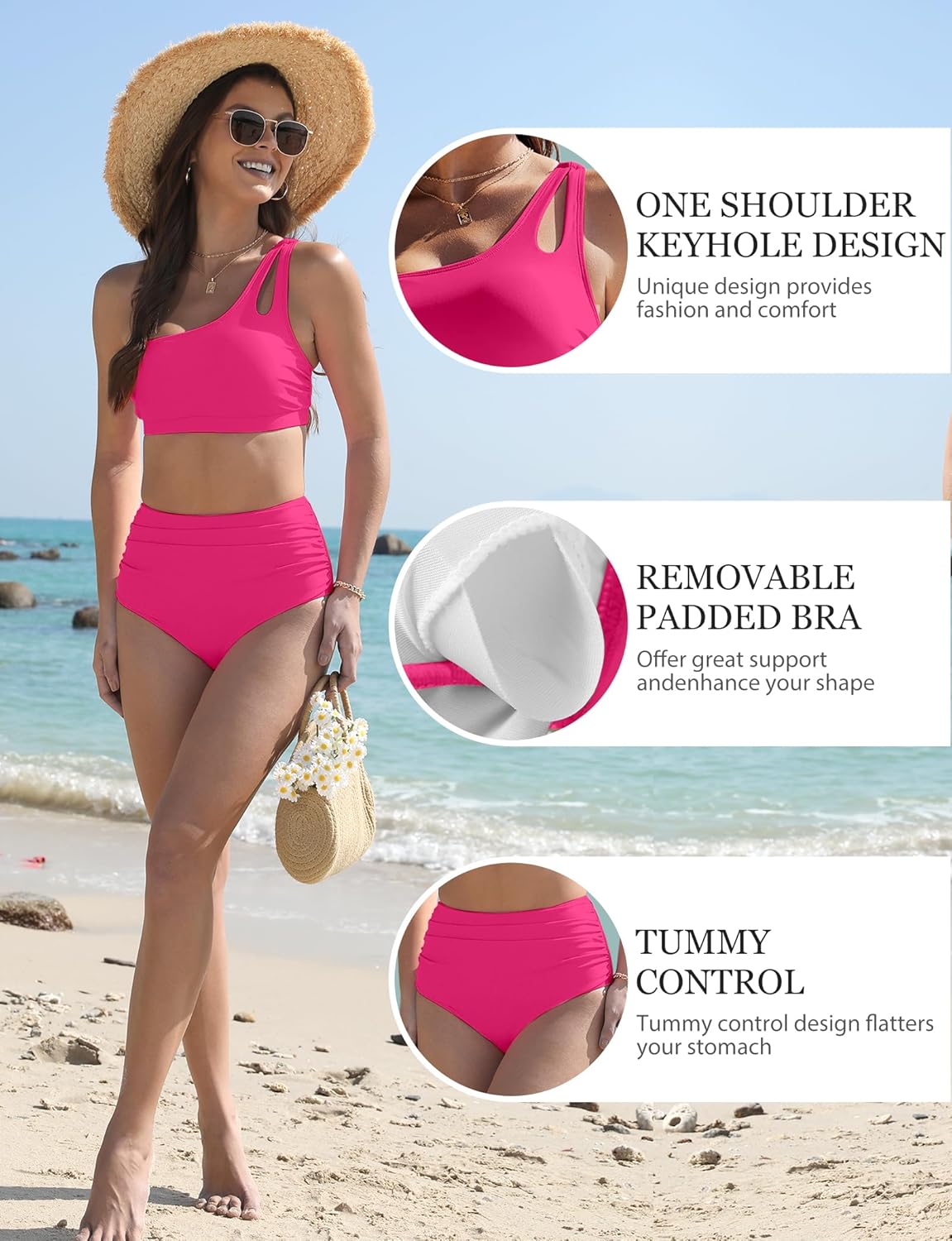 Buauty Women's Bikini Swimsuits Two Piece Tummy Control 2025 Swimsuits Bathing Push Up Suit with High Waisted Cheeky Swim Bikini Bottom One Shoulder Top - Image 6