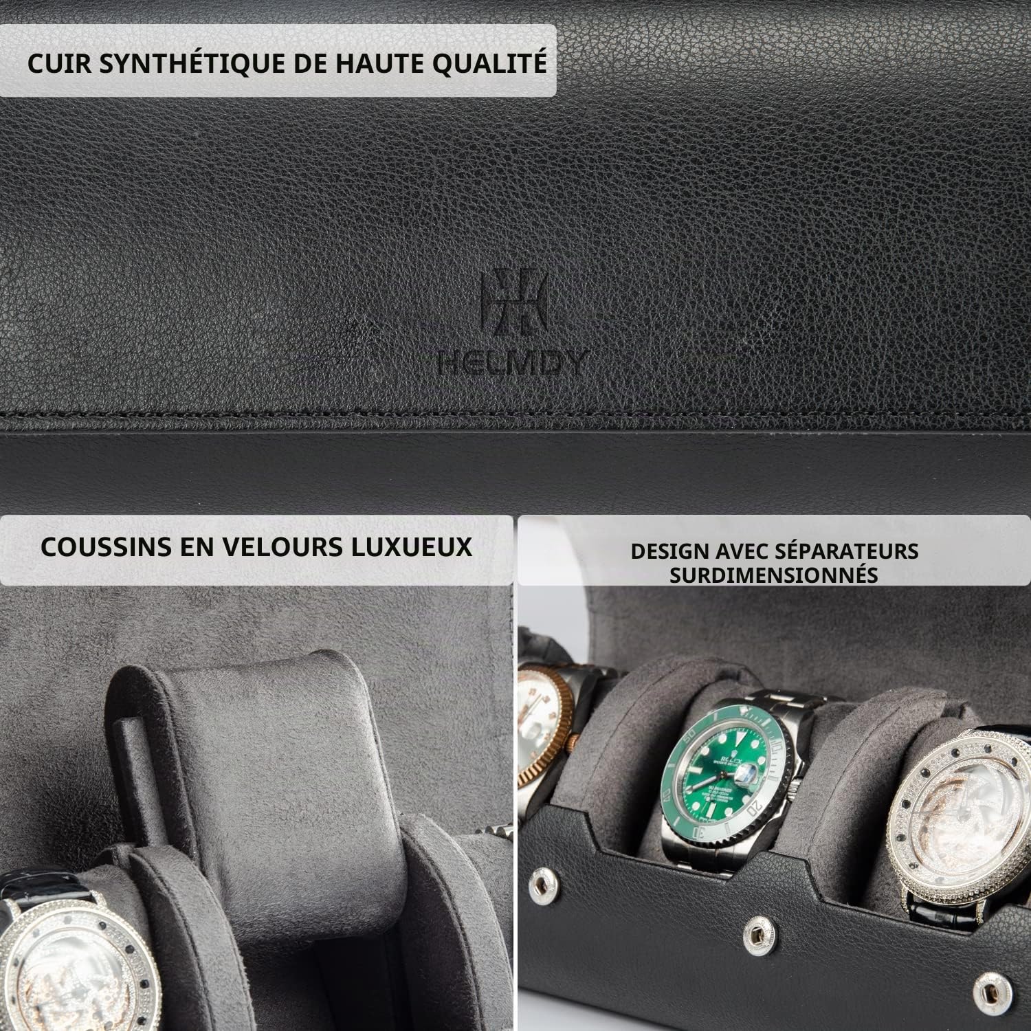 Boîte à Montres Coffret de rangement pour 3 Montres homme Regarder Rouleau Valise De Voyage 3 Fentes Doublure en Velours, Fermeture en Métal Pu Cuir Montre Portable Affichage Stockage (Noir)