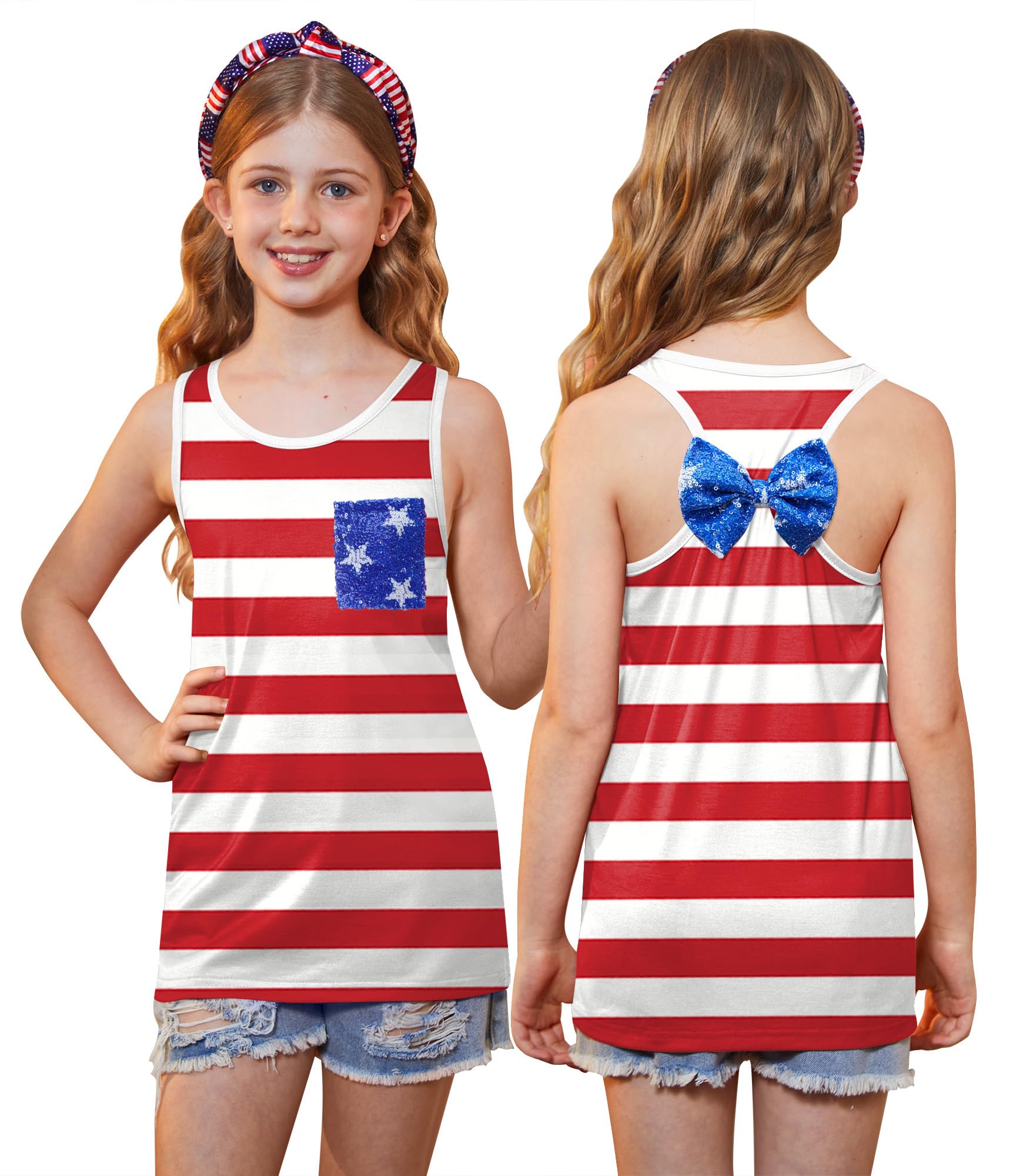 4th of July Girls Flag Tank Top Back Bow Sleeveless Patriotic Holidays T-Shirt 4-14 Years