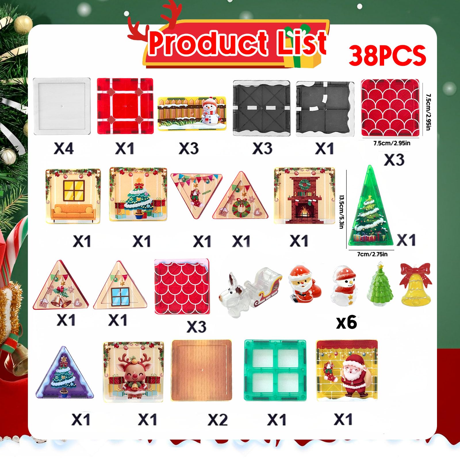 Costruzioni Magnetich Natale, 38 Pezzi Natale Magnetic Tiles, Blocchi Magnetici Natalizie, Decorazioni Natalizie, Decorazione per la Casa Ufficio