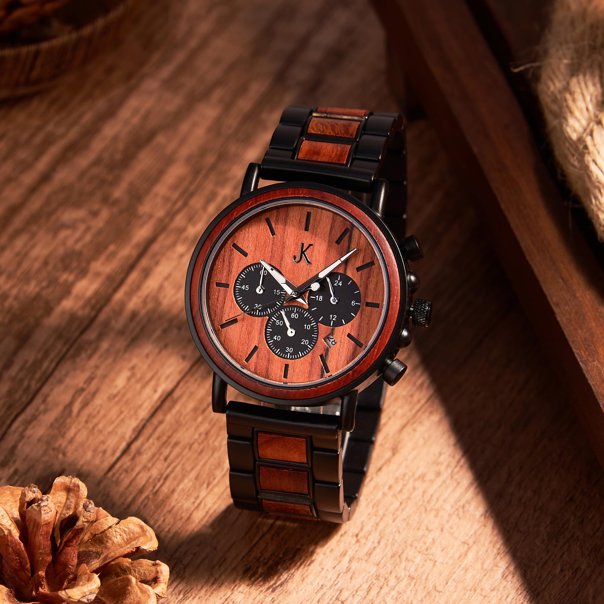Kim Johanson® Holz-Edelstahl Armbanduhr *Military* für Herren in Braun | Chronograph mit Stoppuhr & Datum | Handgefertigt | Quarz | Analog Uhr | Geschenk | Verstellbares Armband | Inkl. Uhrenbox